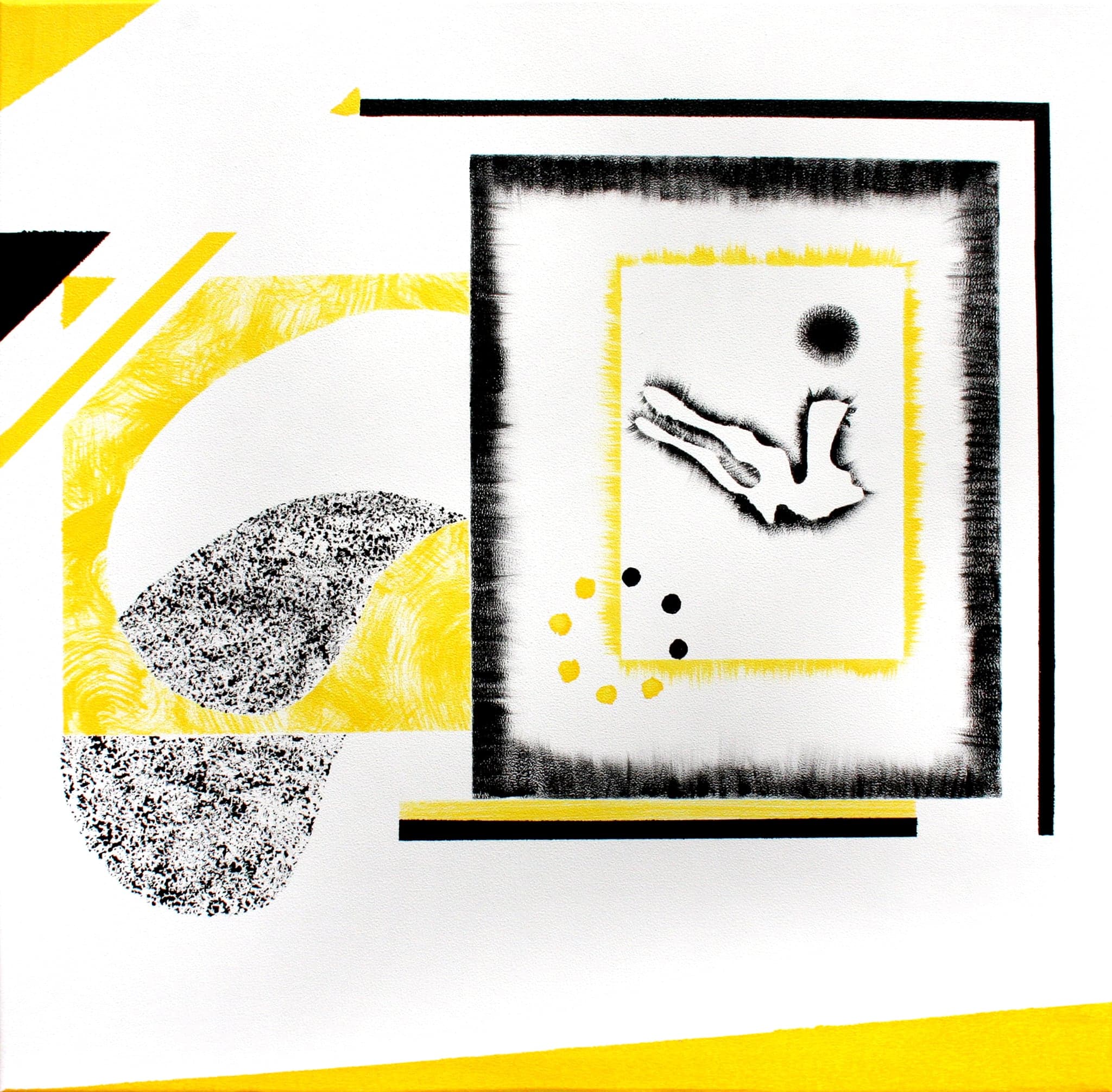 A square canvas: a black mark floating inside a soft dark rectangle framed in yellow, a speckled grey form and yellow strokes around it.