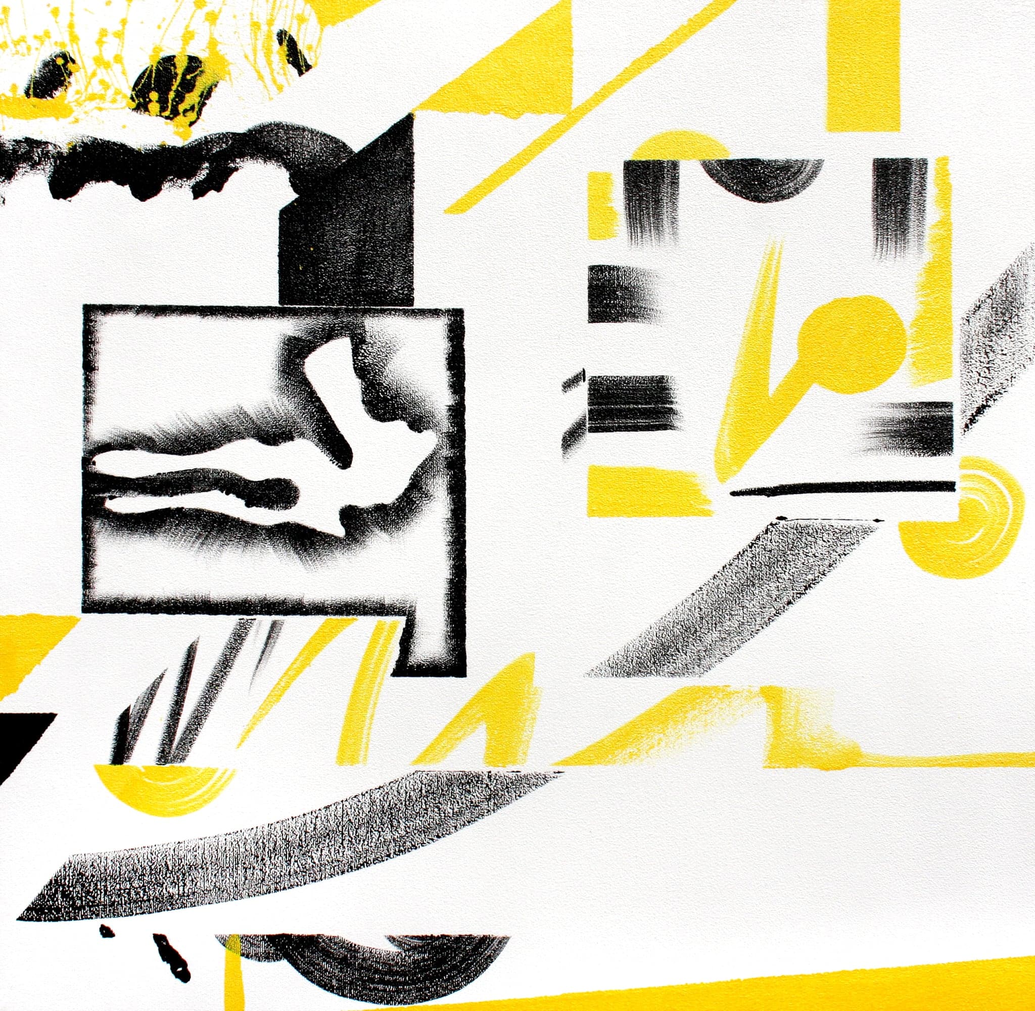 A square canvas crowded to its edges: several enclosed marks, yellow bars, a striped block and a long dragged stroke across the lower half.