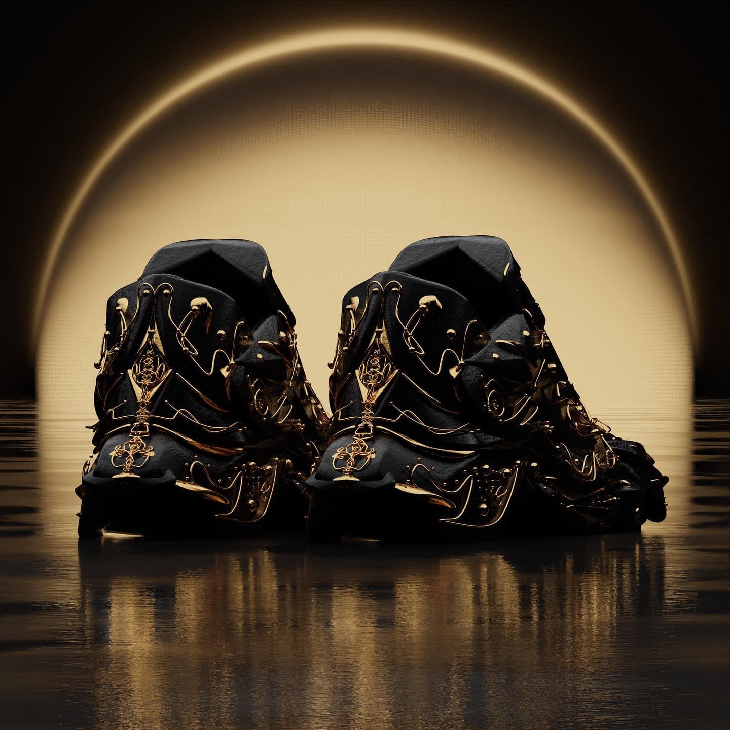A pair of black sneakers standing together, gold linework running over both, lit by a warm amber circle behind them