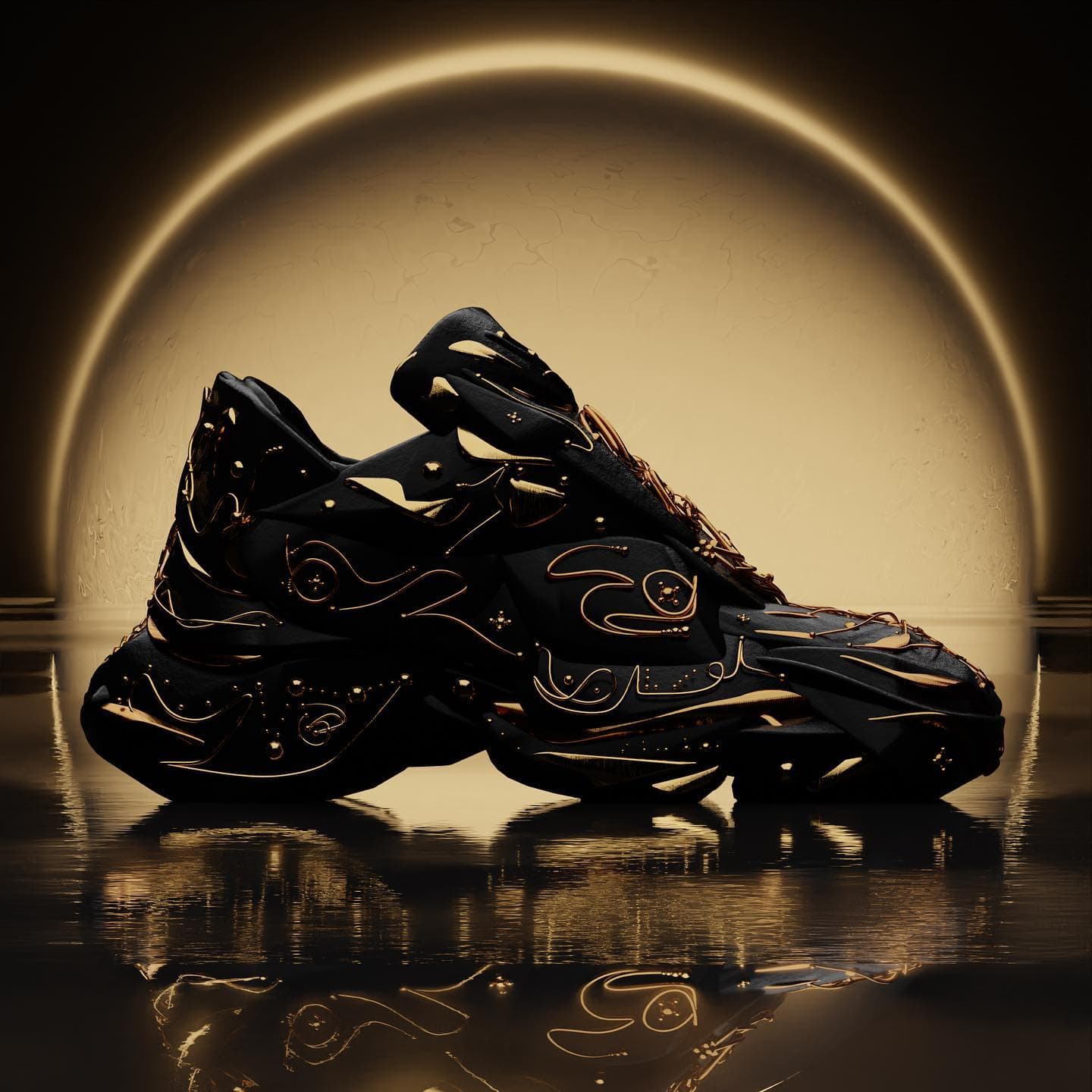 One shoe turned three quarters, the gold line looping across the shell and reflected in the dark floor