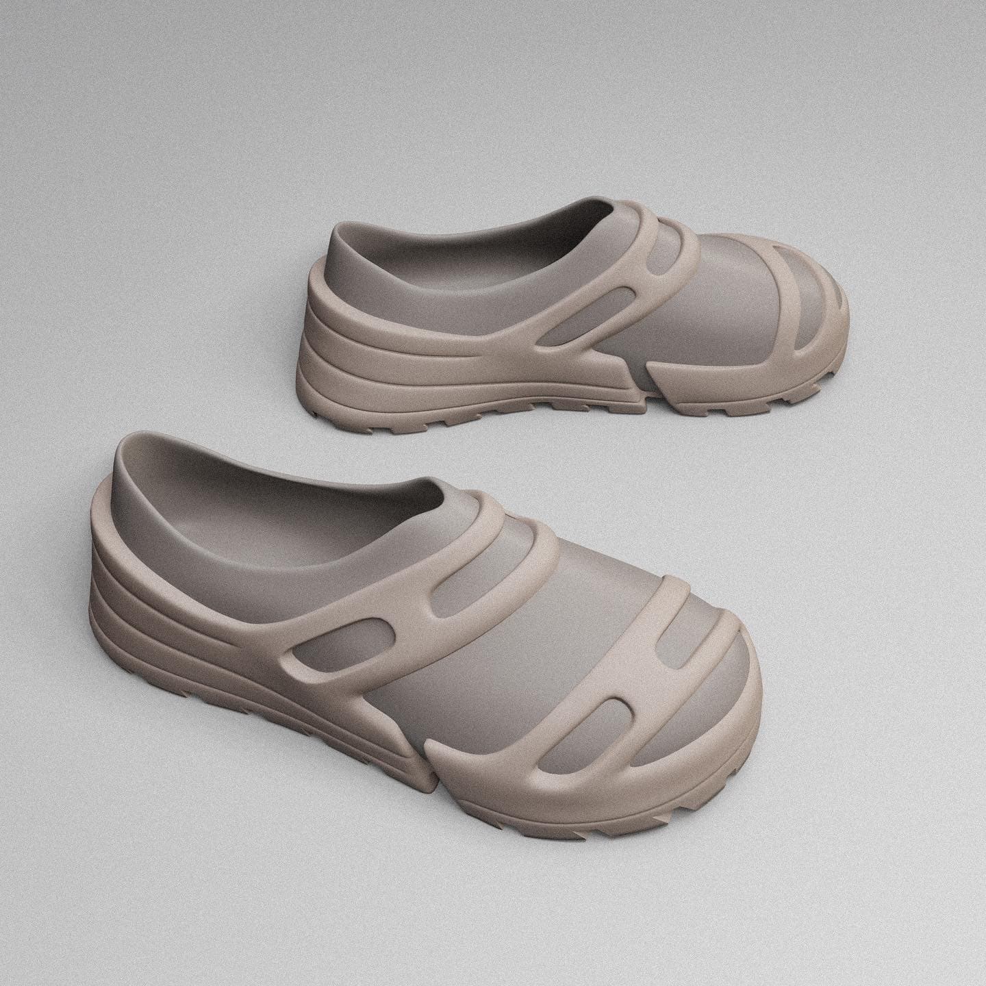 A pair of taupe moulded clogs with cut-out strapping, rendered on a pale grey ground