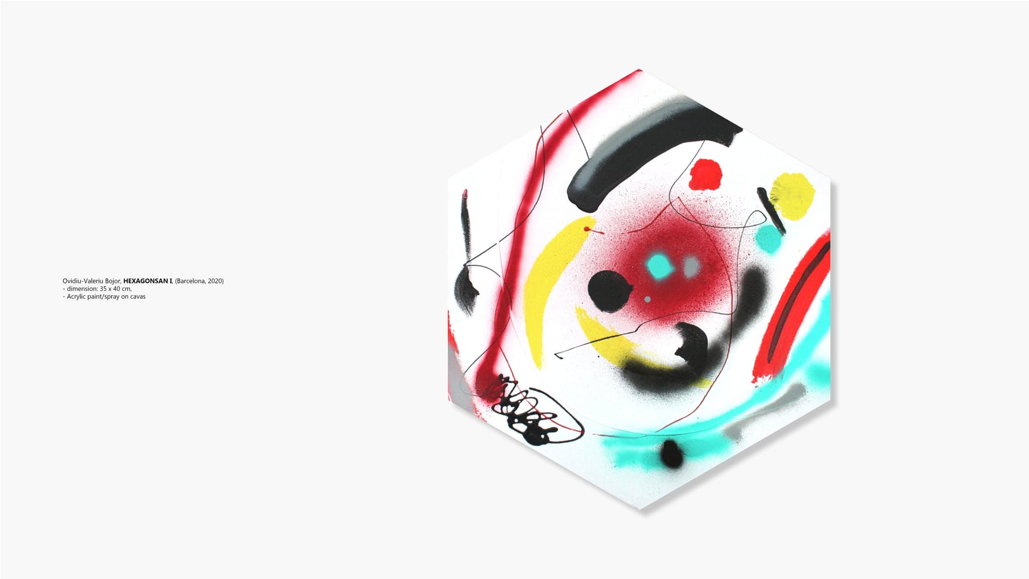 One hexagonal panel: a broad red band, a black arc, a red and grey disc at the centre and a scribbled black knot at the lower left