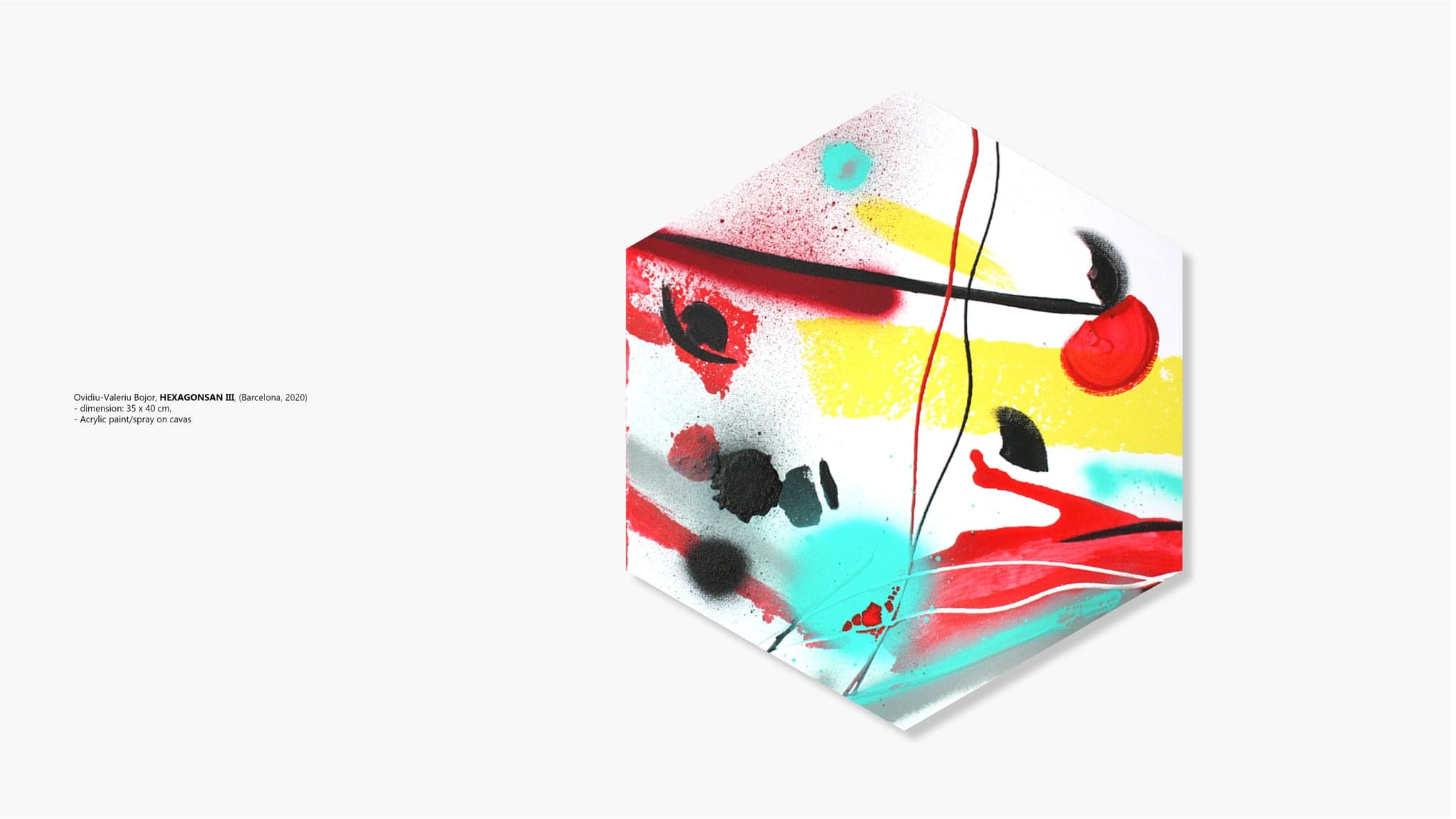 A third hexagonal panel, denser and darker, red and turquoise sprayed under a heavy black mass