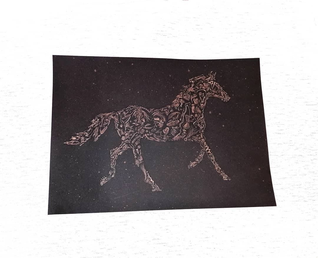 The sheet flat and evenly lit, the horse reading grey and the marks losing their shine