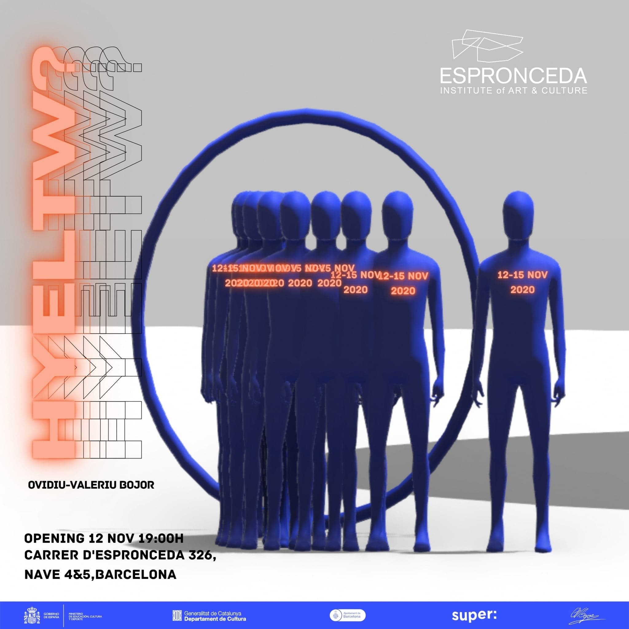 A row of cobalt figures standing inside a large orange ring on a pale grey ground, the title running vertically up the left edge