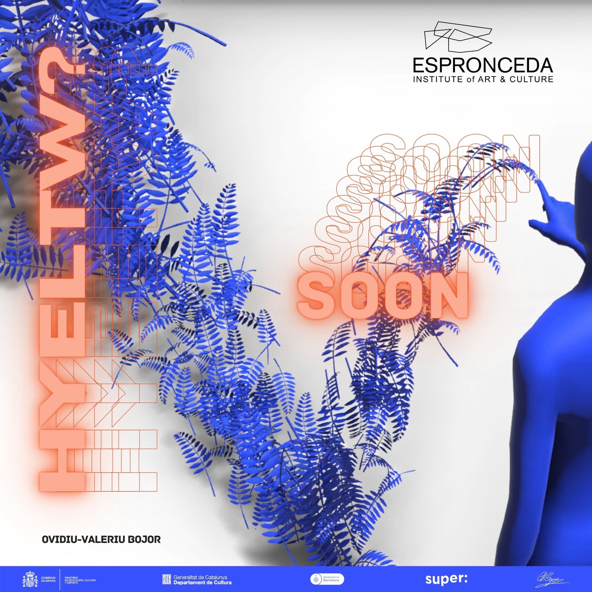 A burst of blue frond-like forms filling the frame, with HYELTW? in outline and SOON in solid orange across it