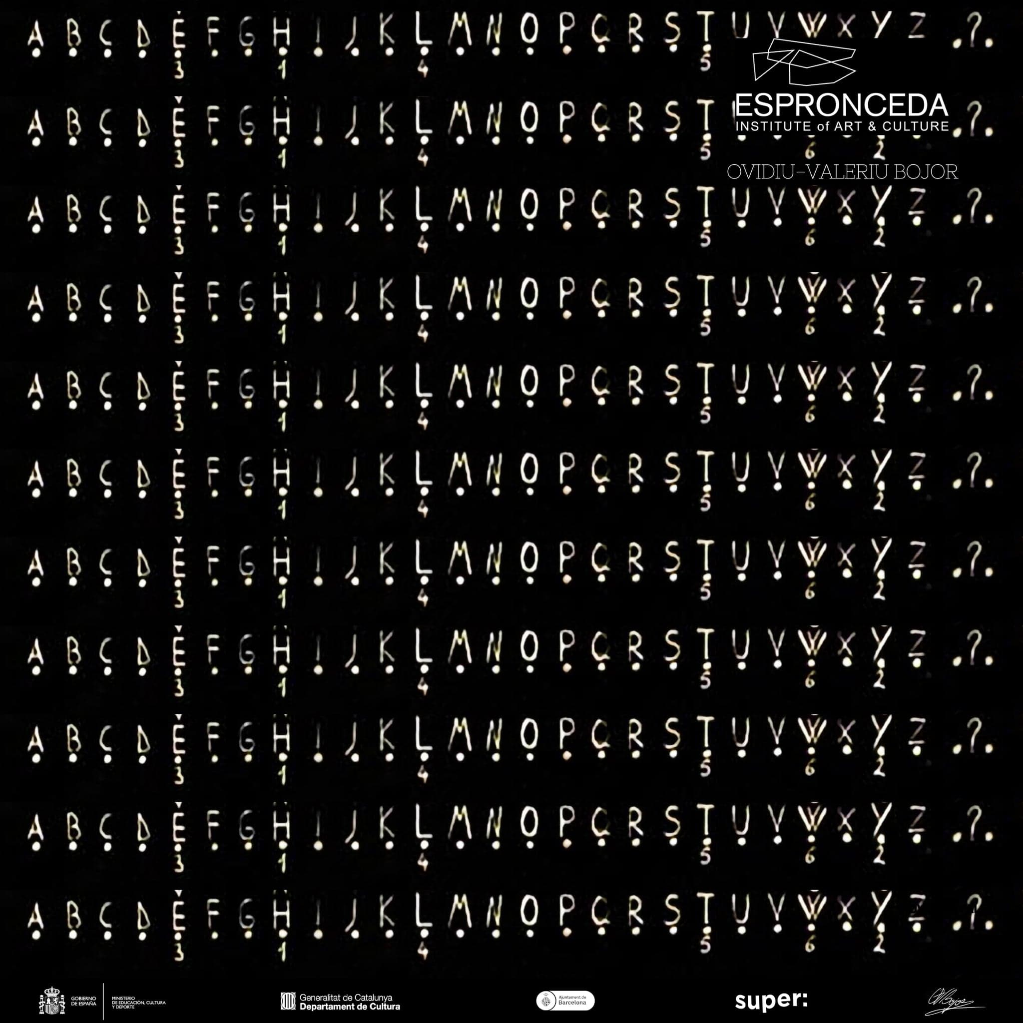 A black poster filled edge to edge with rows of the hand-drawn alphabet from the panel, pale on black