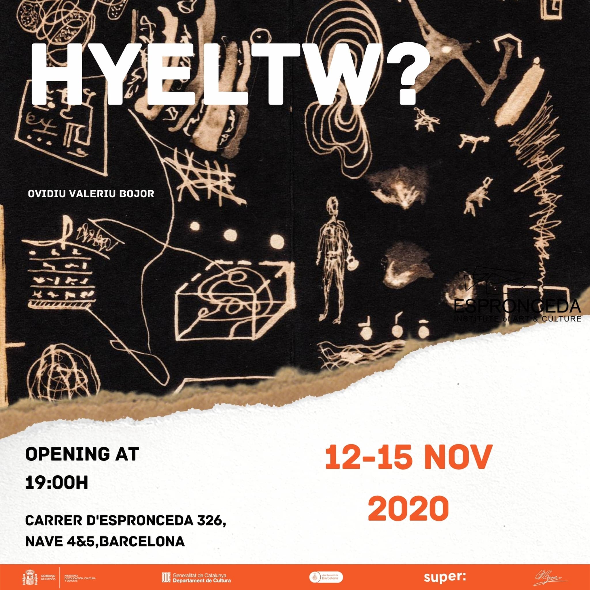 A torn corner of the bleached black panel across the frame with HYELTW? in white above it and the dates in orange