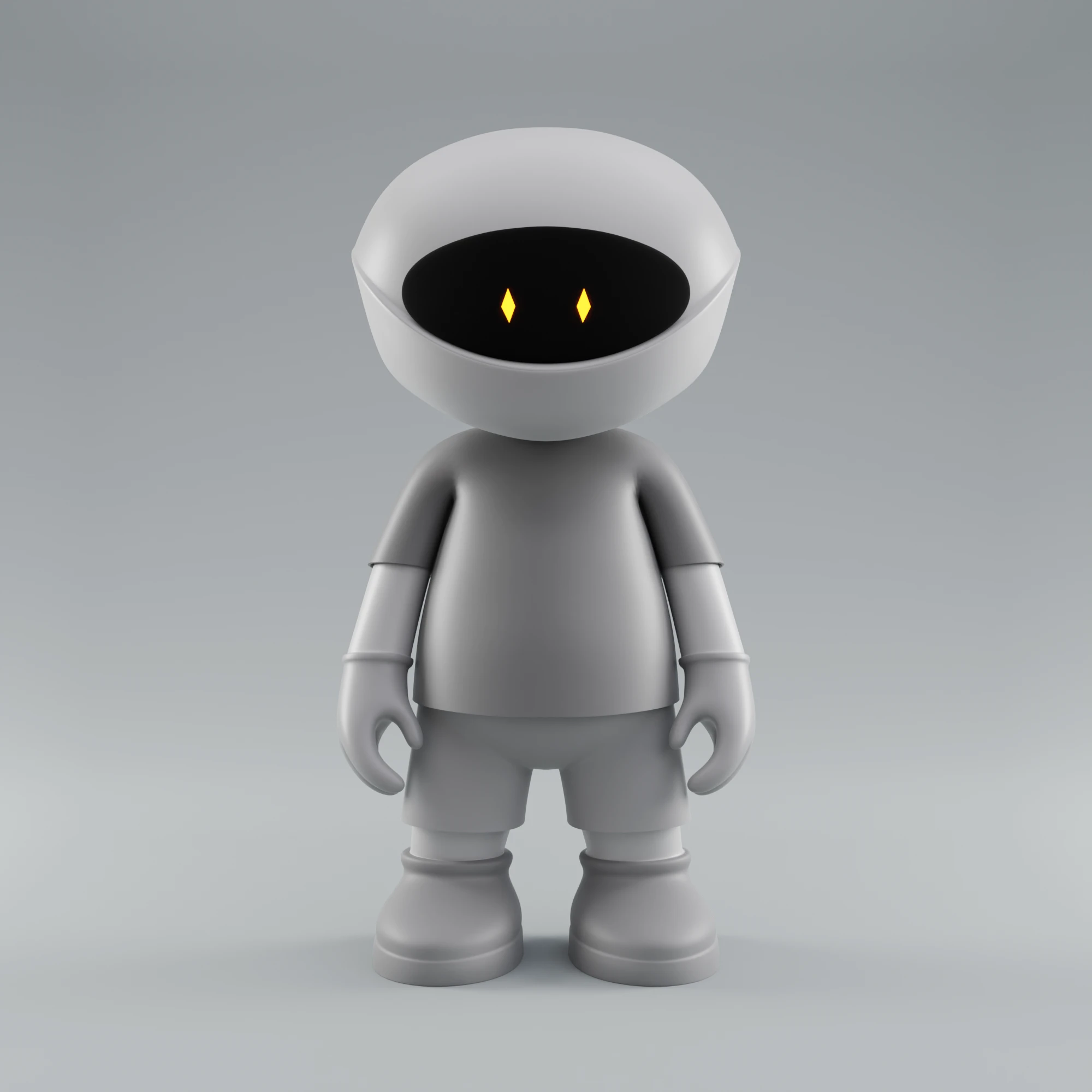 Front view of a small grey figure with an oversized white shell head; the open front of the head is a black oval with two glowing yellow diamond eyes.