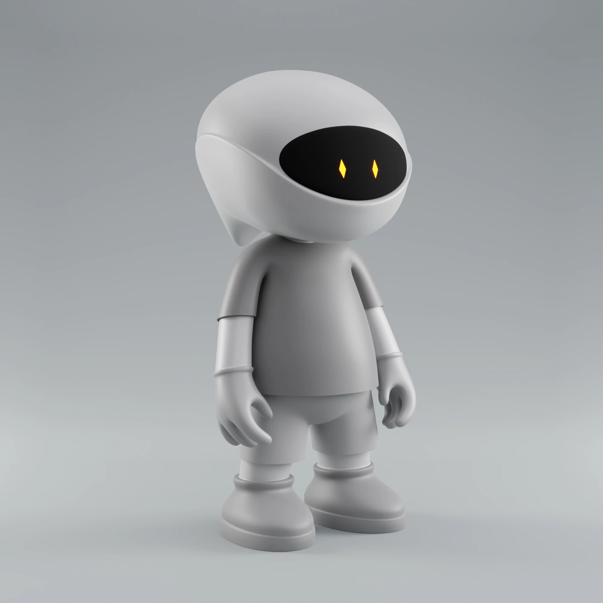 Three-quarter view of the same figure, showing how the white shell wraps back over the head and the black face panel sits inside the opening.