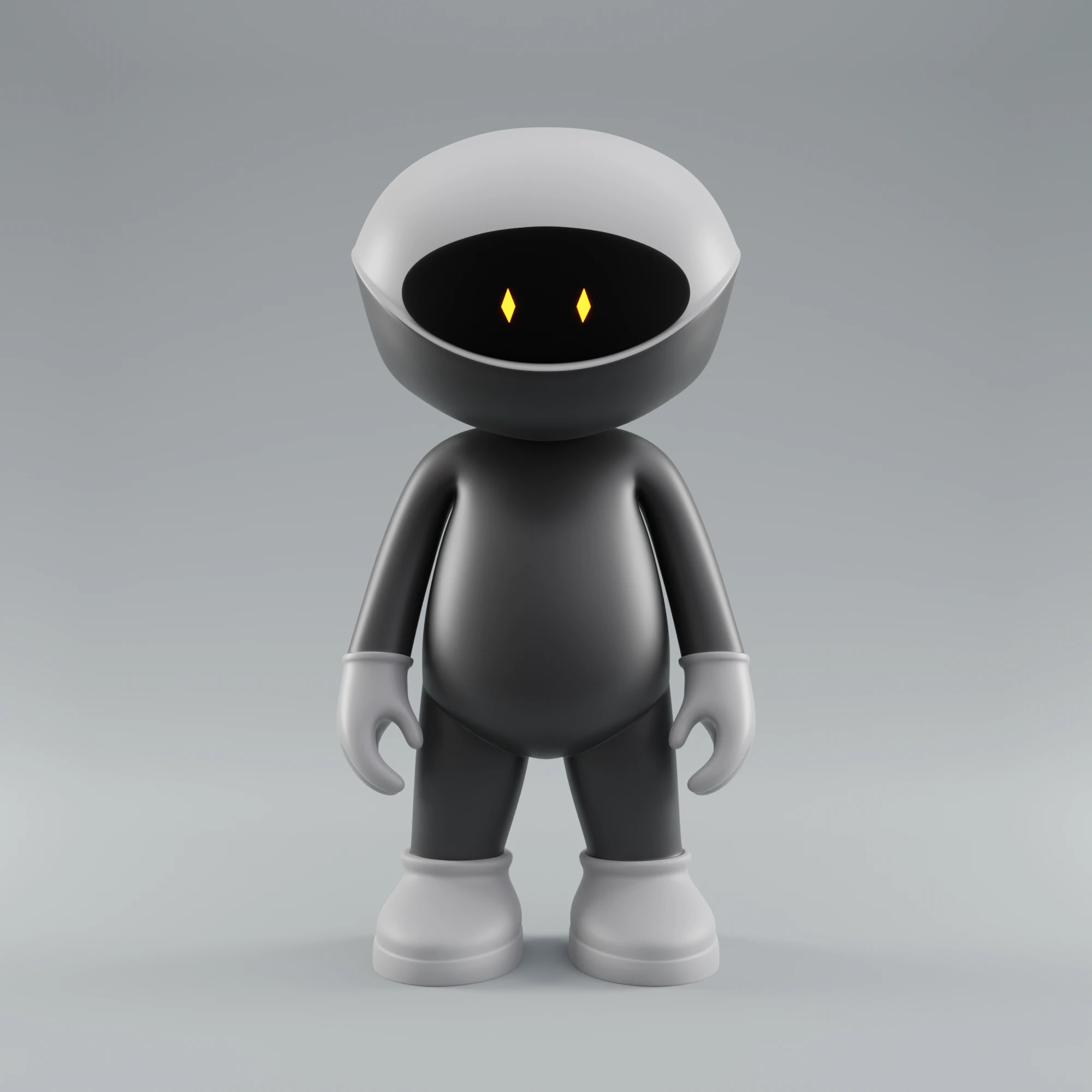 The same figure in a two-tone colourway: black body and lower head, white crown, white gloves and white boots, yellow diamond eyes.