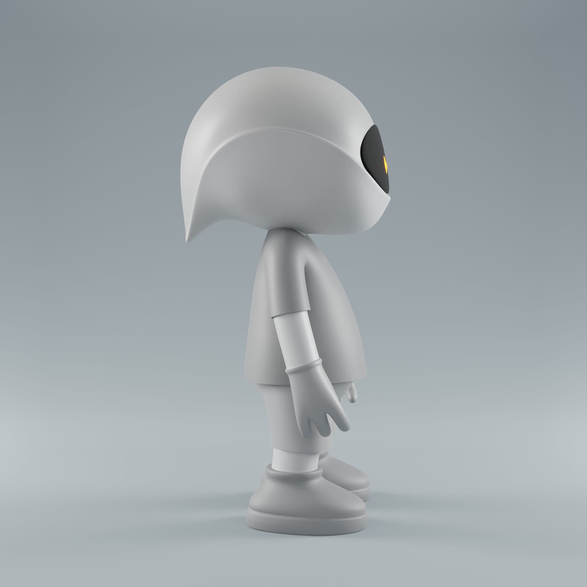 Profile view of the figure, showing the teardrop silhouette of the helmet head and the sliver of black face panel visible from the side.