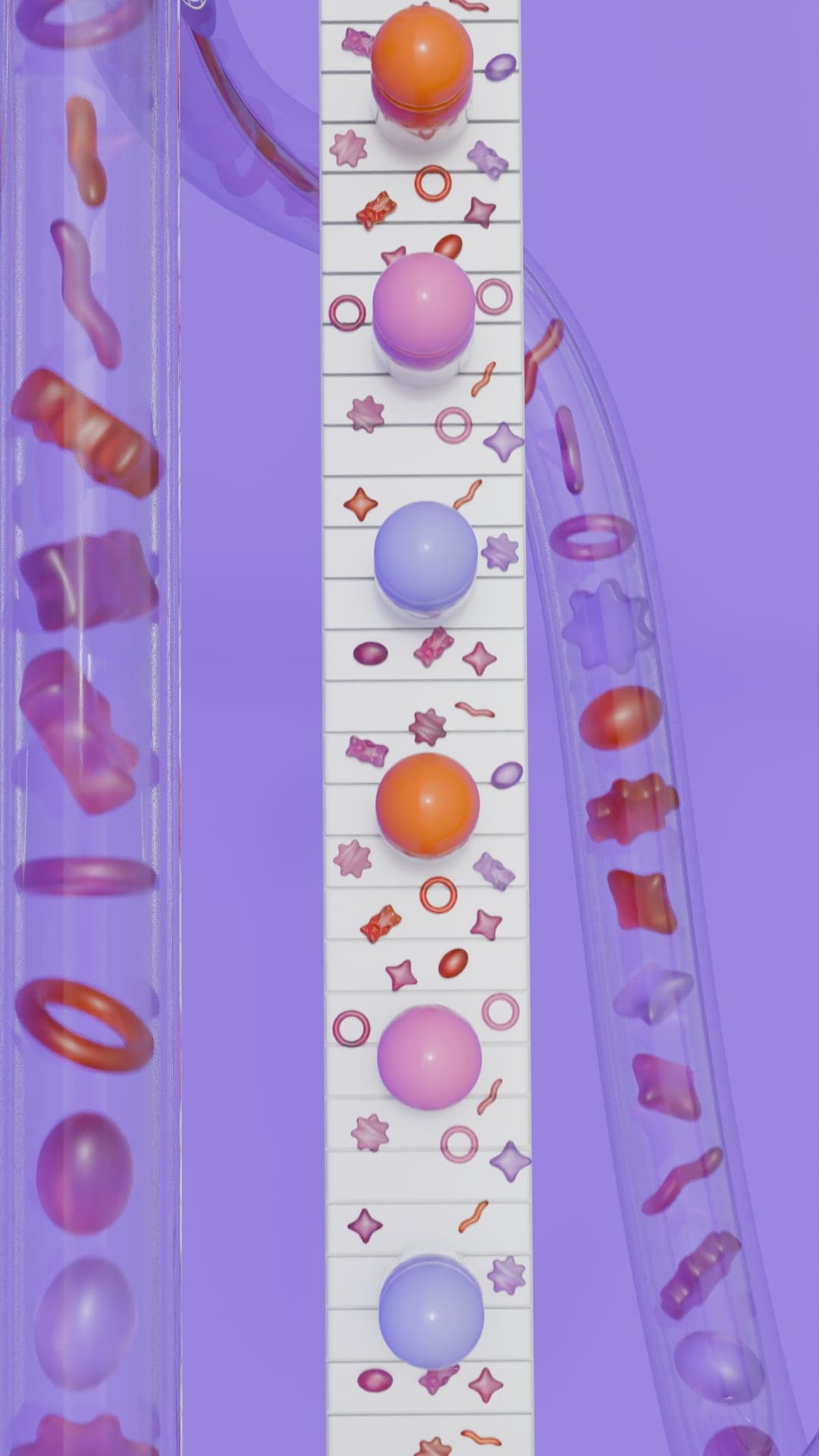 Top-down view of a white belt with bottle caps seen from directly above, gummy sweets laid out between them, flanked by two glass tubes of falling candy.
