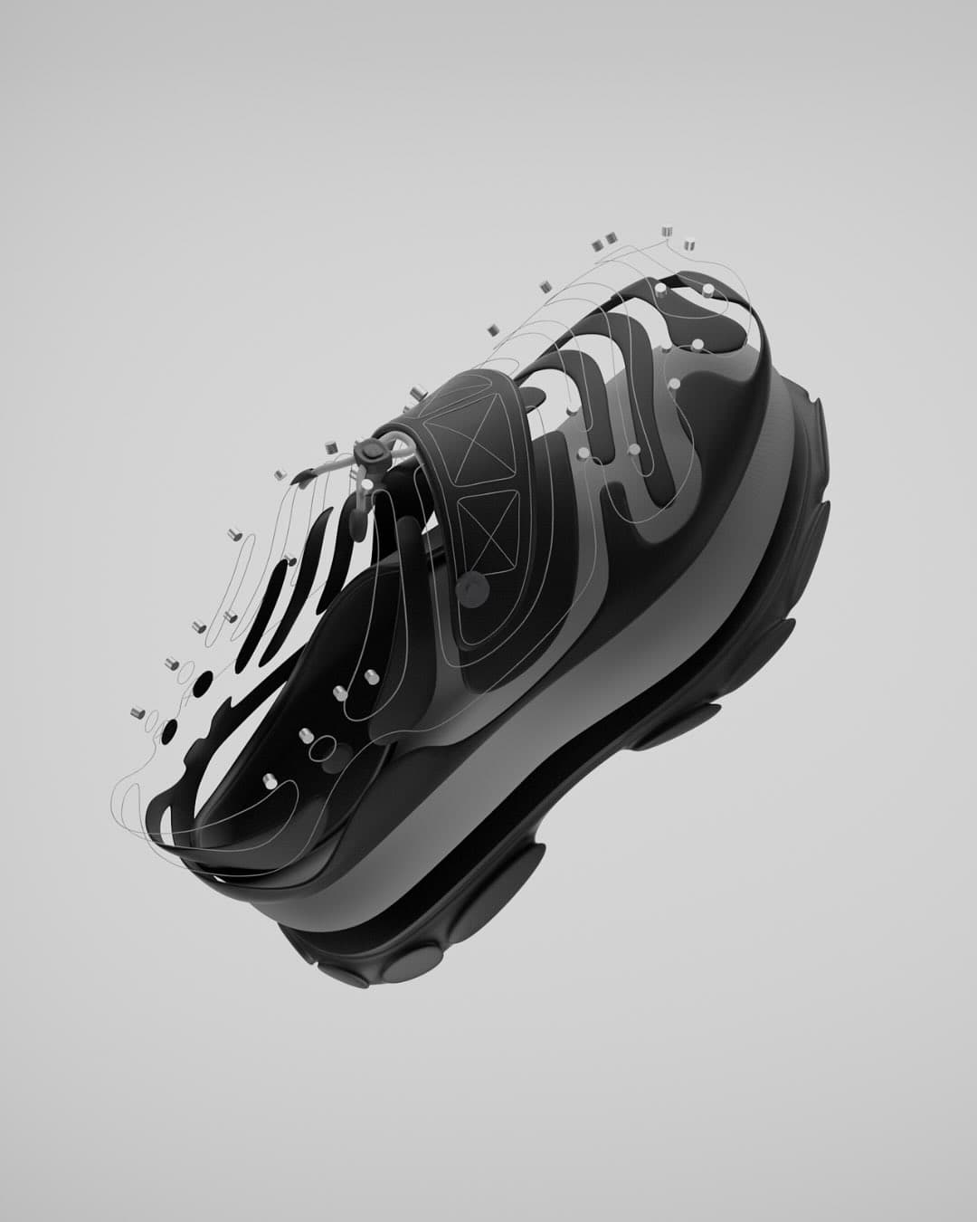 MODUS exploded render — plated panels, rivets and cords floating apart