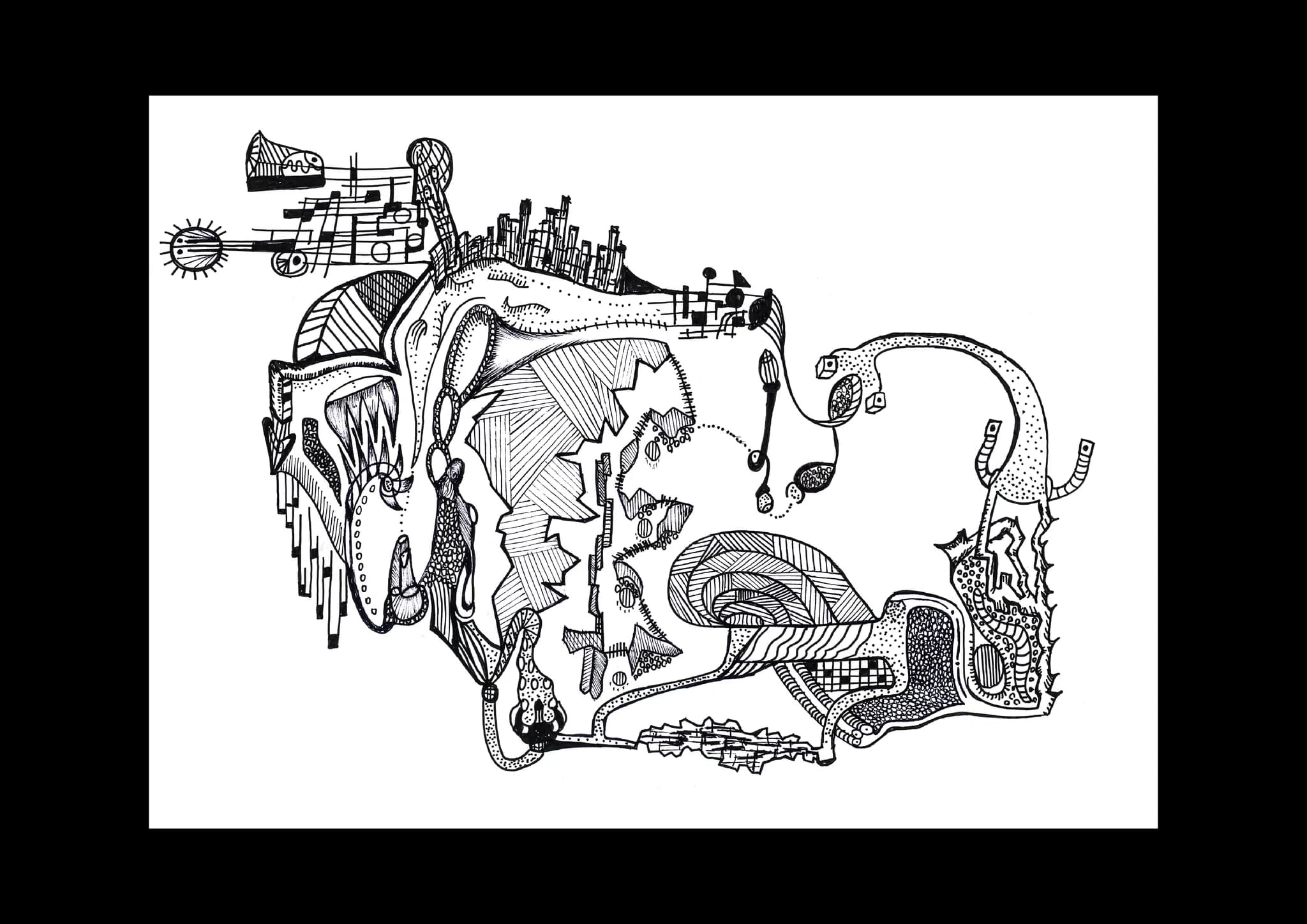 A landscape-format ink drawing, a long horizontal mass of shapes and tubes running left to right across the sheet