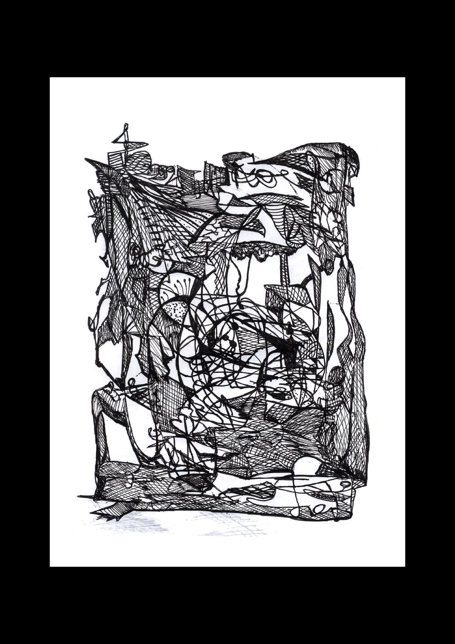 An ink drawing of a dense woven mass, closer to a knot of line than to figures