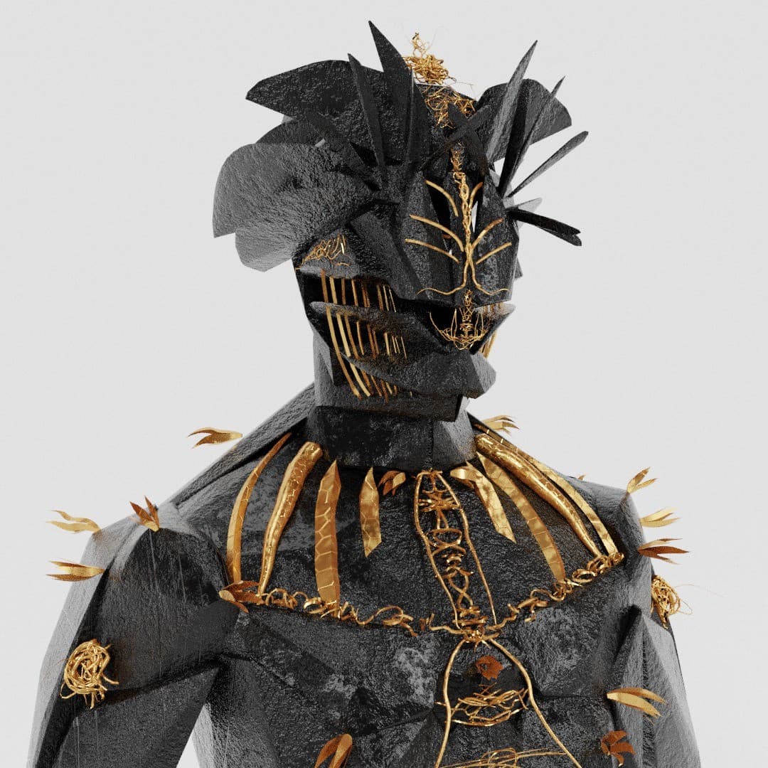 One character close up: a stone-textured figure in a wide hat, its body and collar drawn all over in fine gold linework
