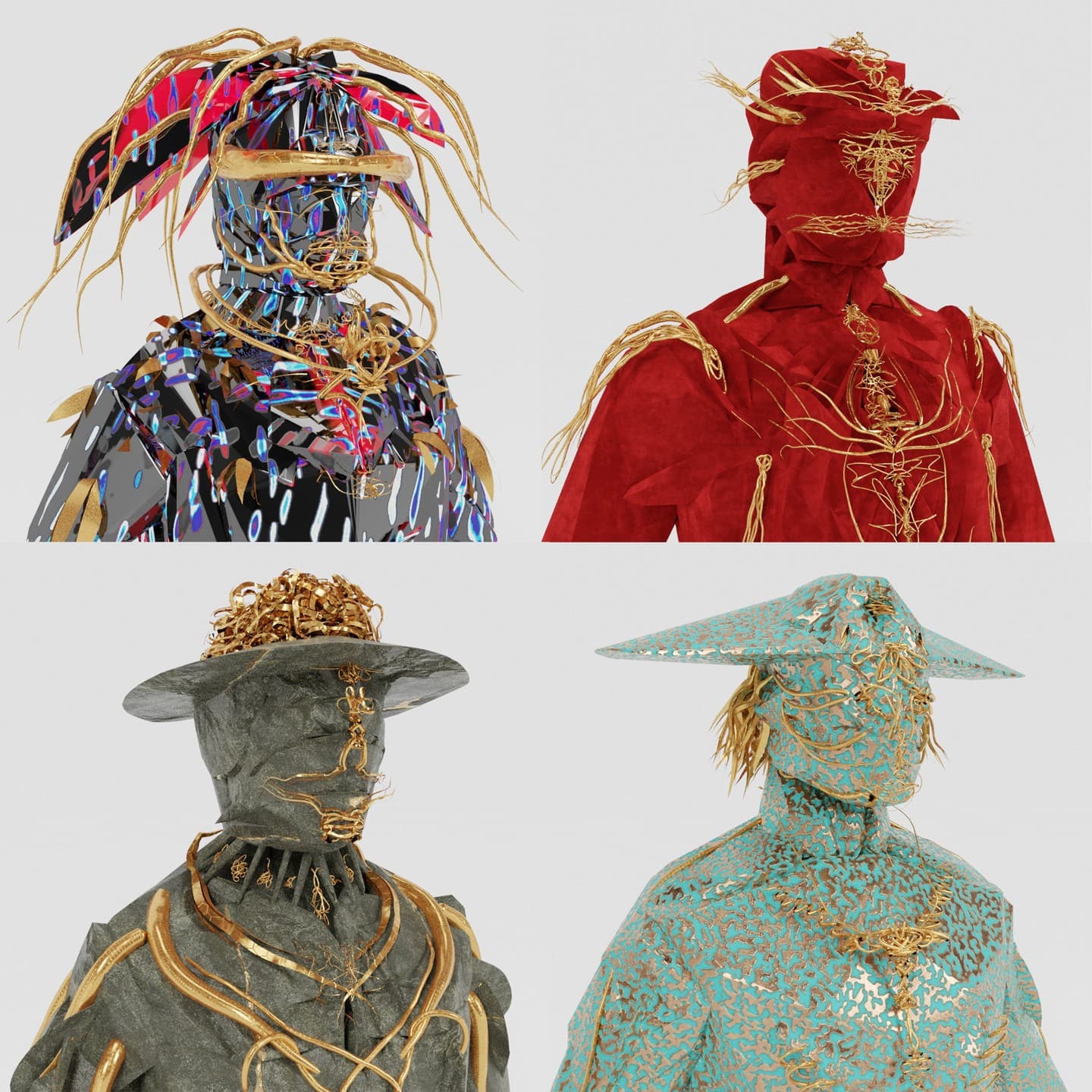 Four variants of the same character side by side — iridescent, red, stone grey and turquoise — each with the same hat and gold linework