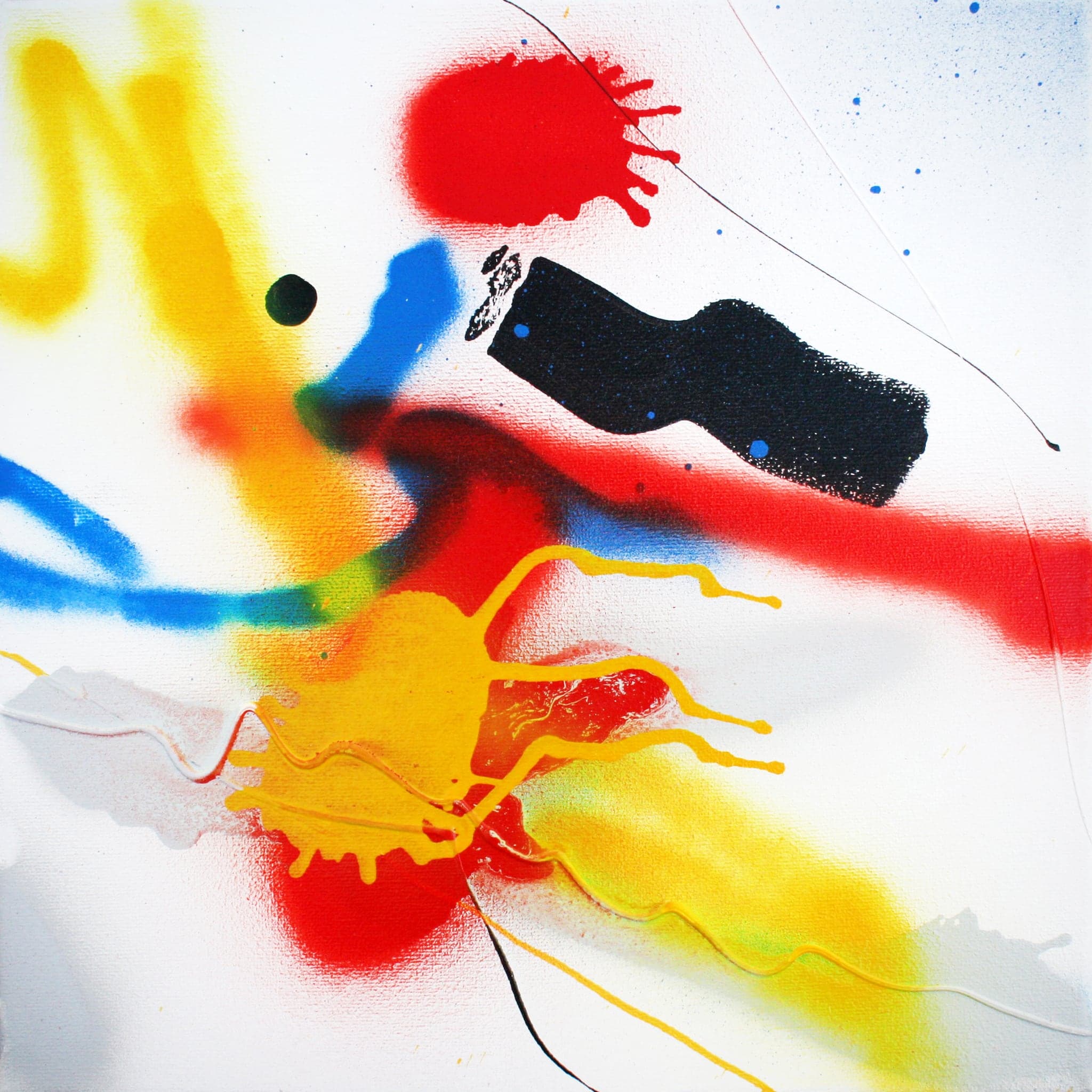 A square canvas with a yellow stroke and a red splat along the top, a black elongated blob across the middle and an orange burst below.