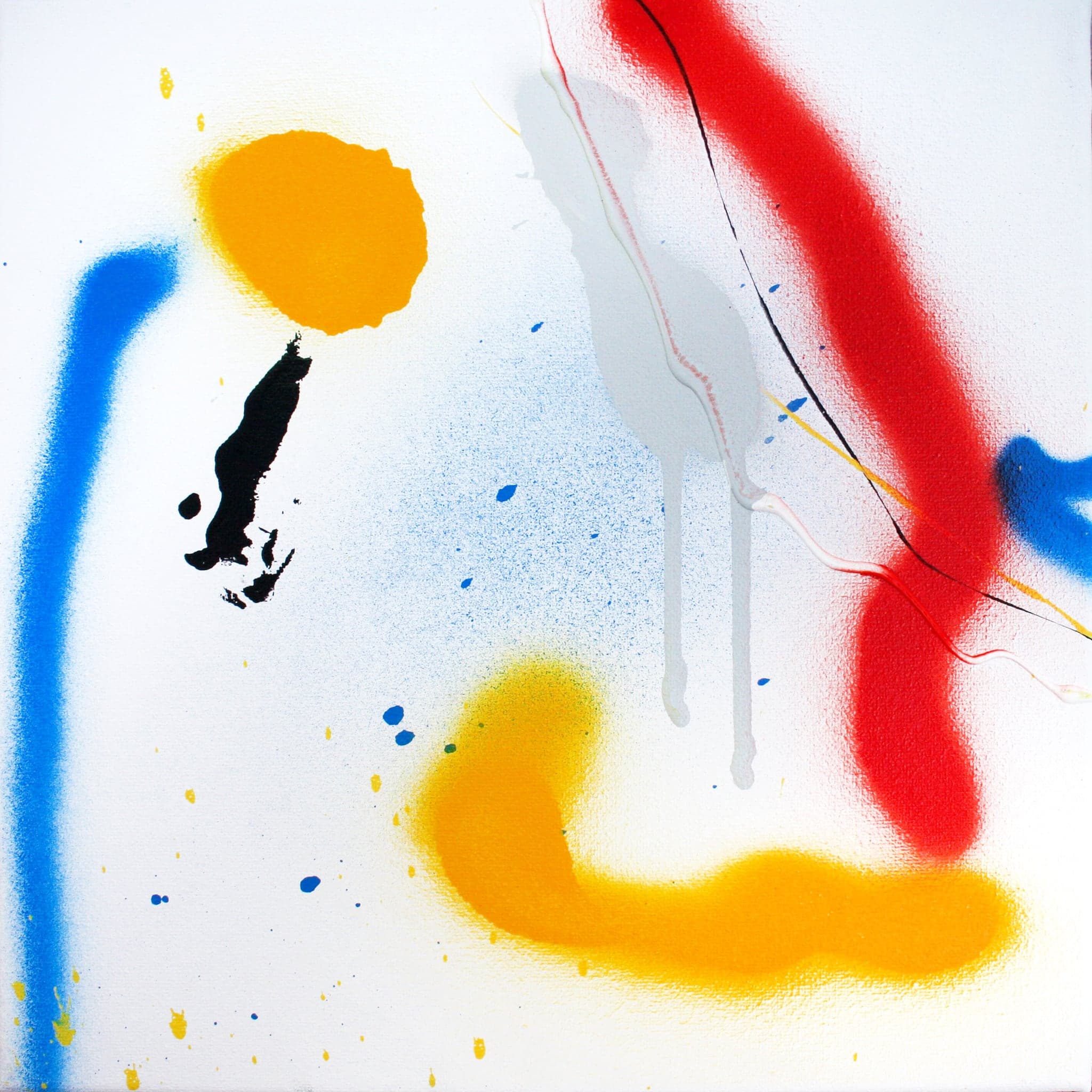 A square canvas with a round orange blob upper left, a red diagonal band and a curved orange stroke low on a pale blue haze.