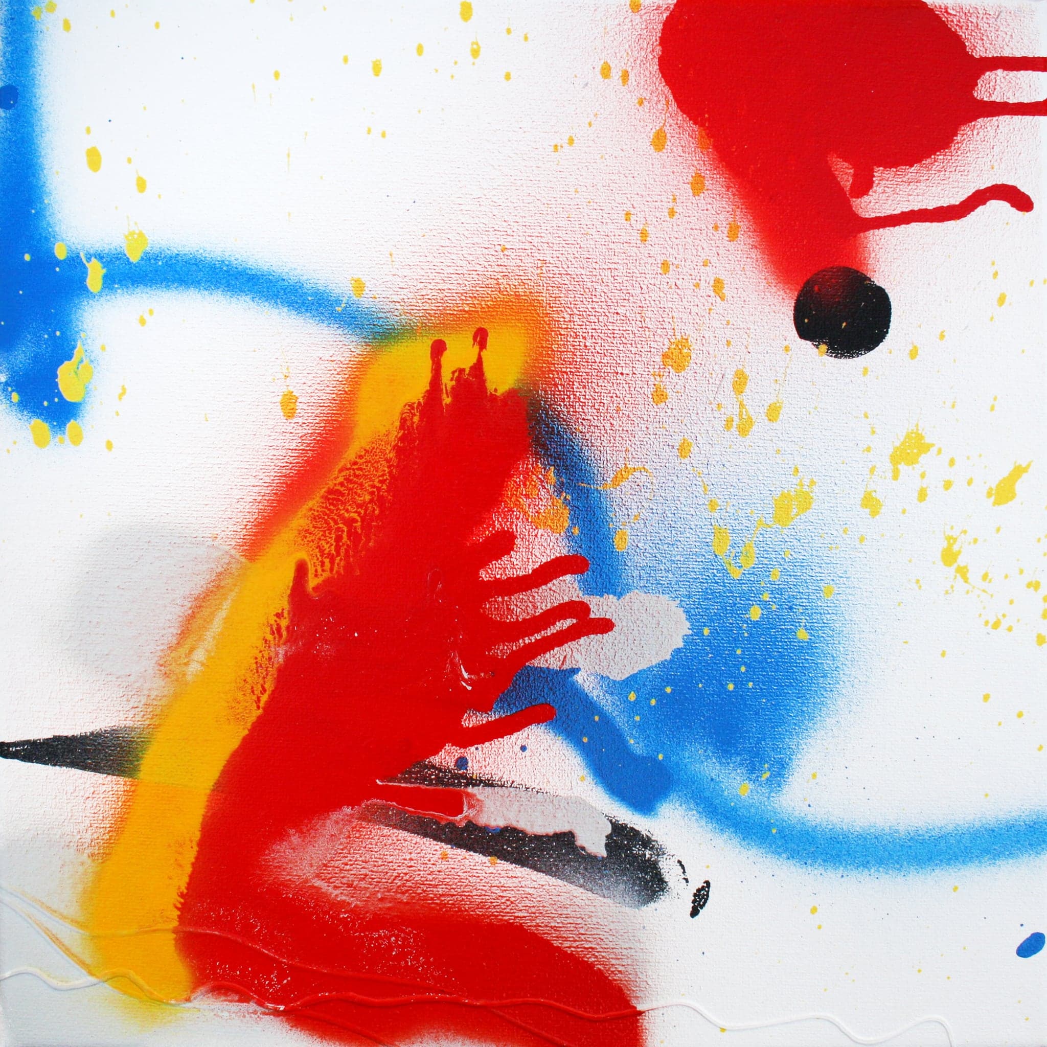 A square canvas with a blue arc, a red splat and a black dot at the top, and a large red and yellow burst through the centre.