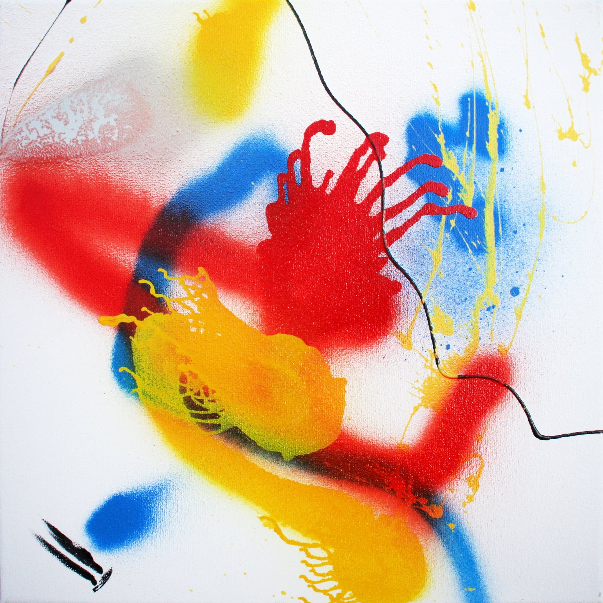 A square canvas with a fingered red burst at its centre, blue spray behind it and small black marks at the lower edge.