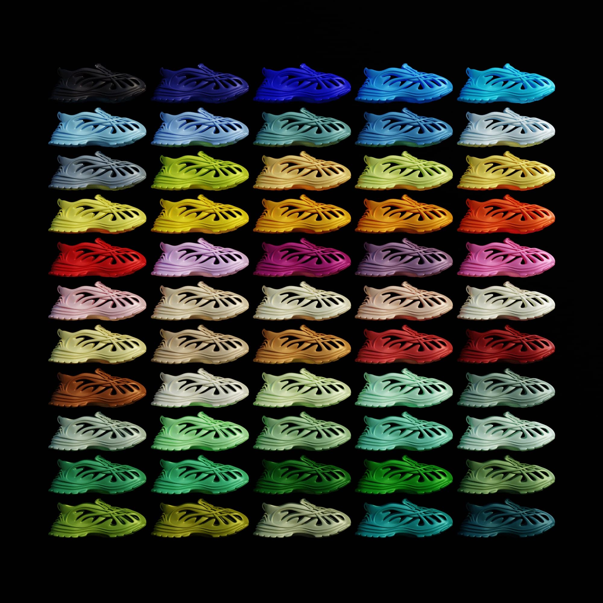 A grid of fifty-five side views of the same shoe on black, each in a different colour, from black and blues through yellows, reds, pinks and greens