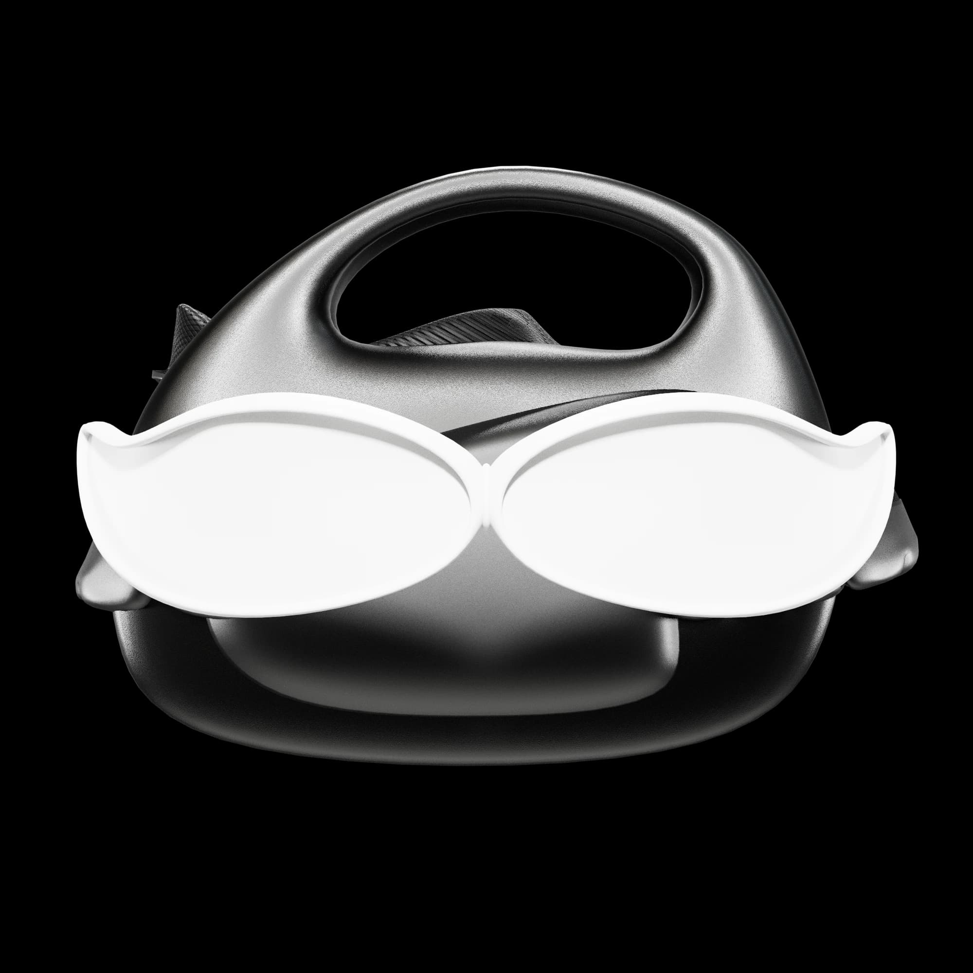 Front-on render: a silver bag with a large oval handle void sits above two bright white lens plates, on black.