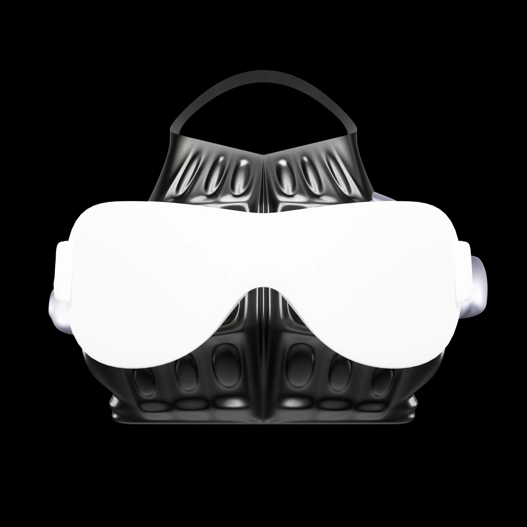 Front-on render: a black bag with rows of pressed oval dimples, crossed by a single wide white visor.