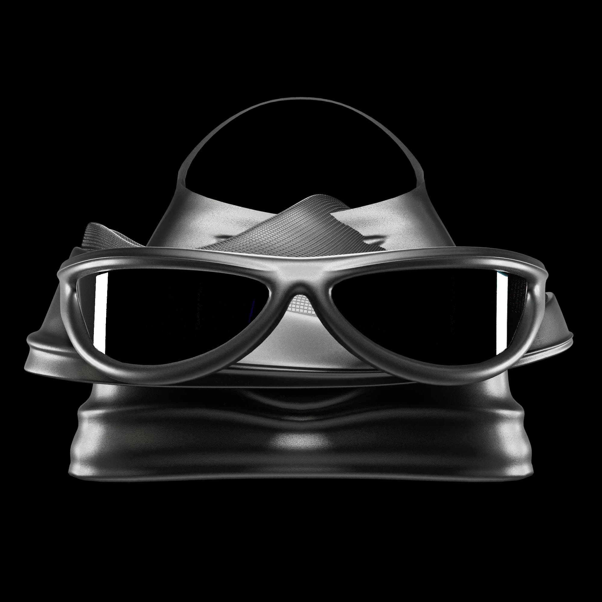 Front-on render: a metallic grey bag with a thin loop handle, wearing dark rectangular glasses above a black sole.