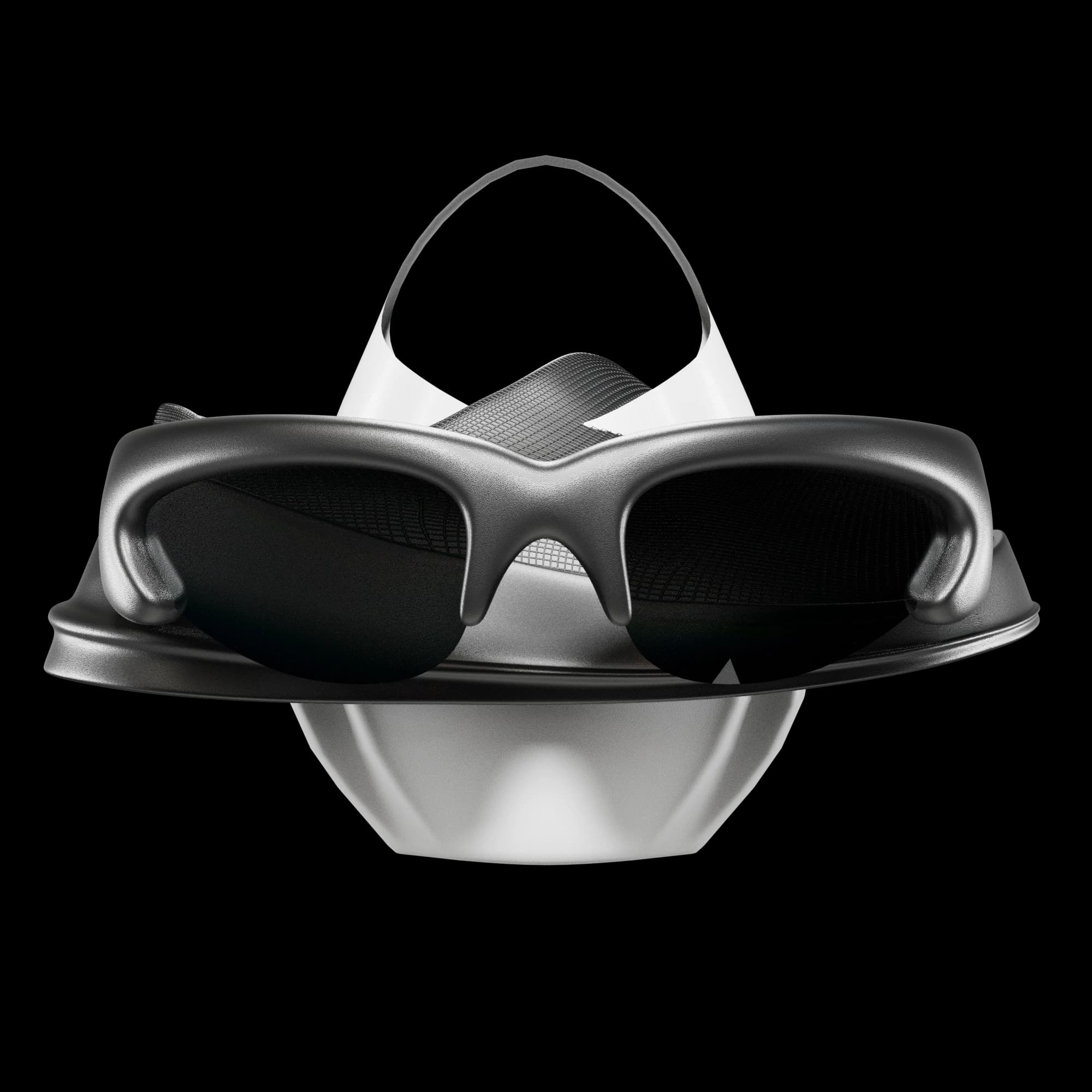 Front-on render: dark wraparound glasses across a white bag, with a pale rounded shoe below.