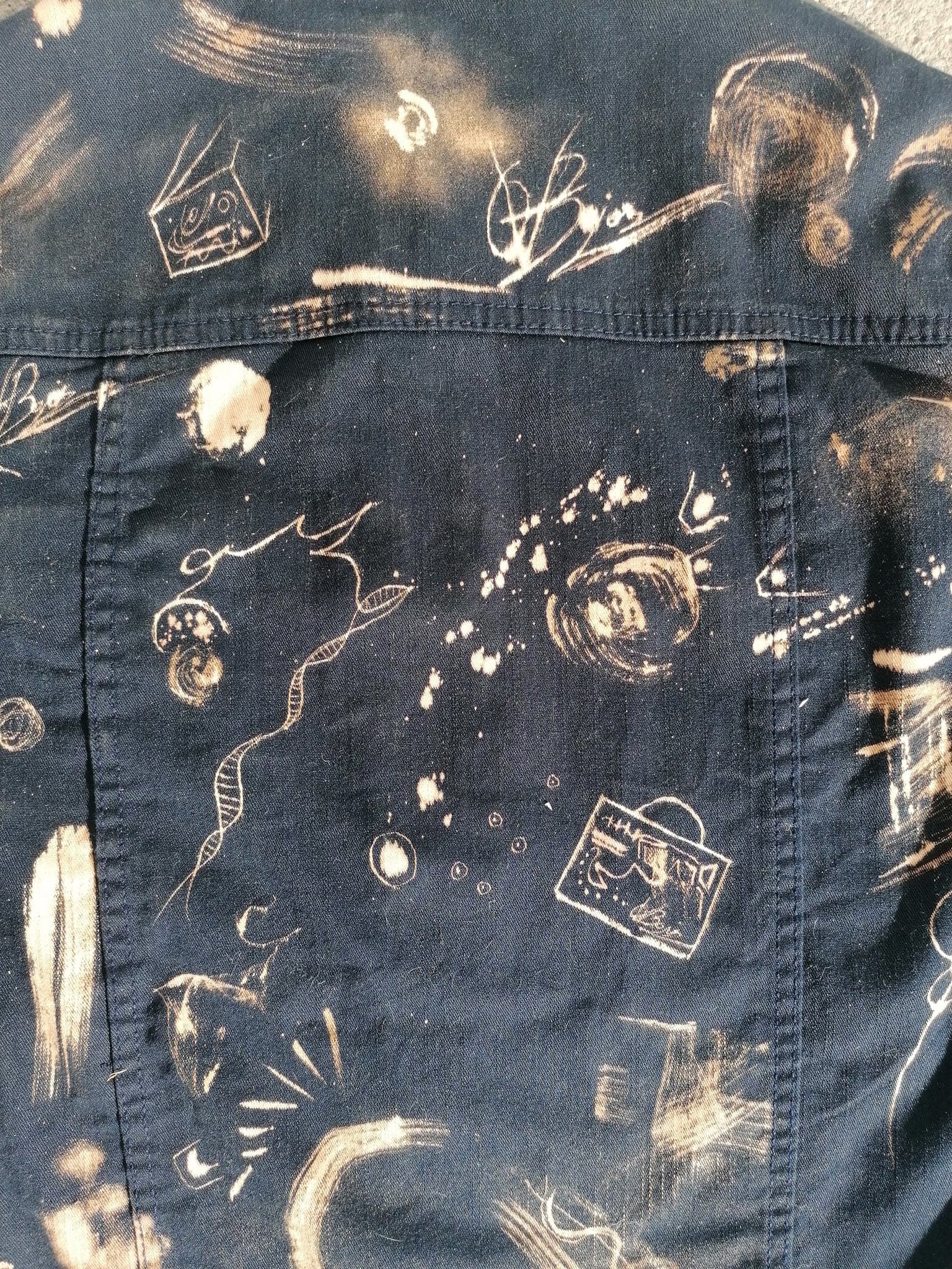 A close view of the pocket flap, small framed squares and a circle bleached into the twill