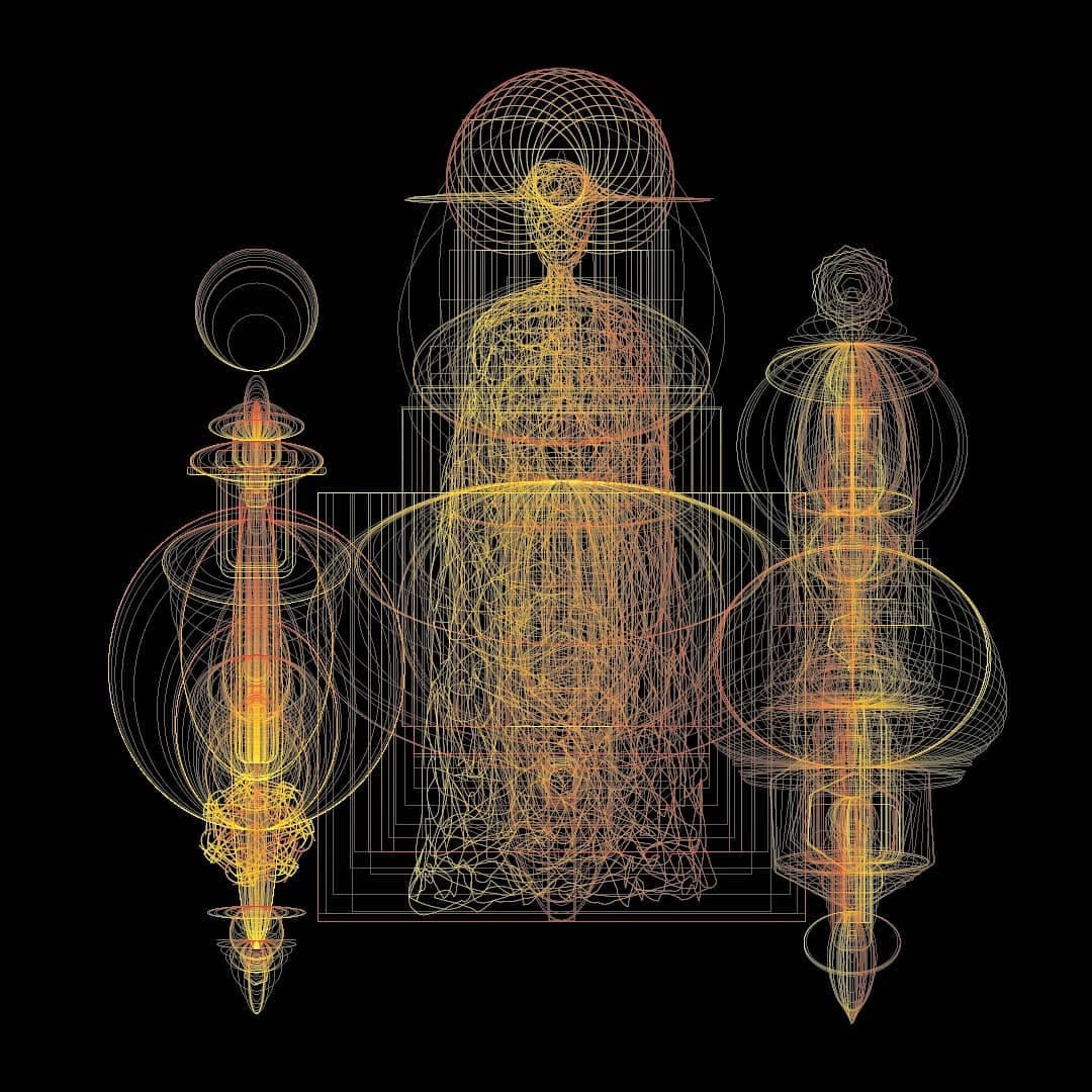 Three tall vessel-like figures drawn in overlapping amber ellipses on black, the centre one hooded