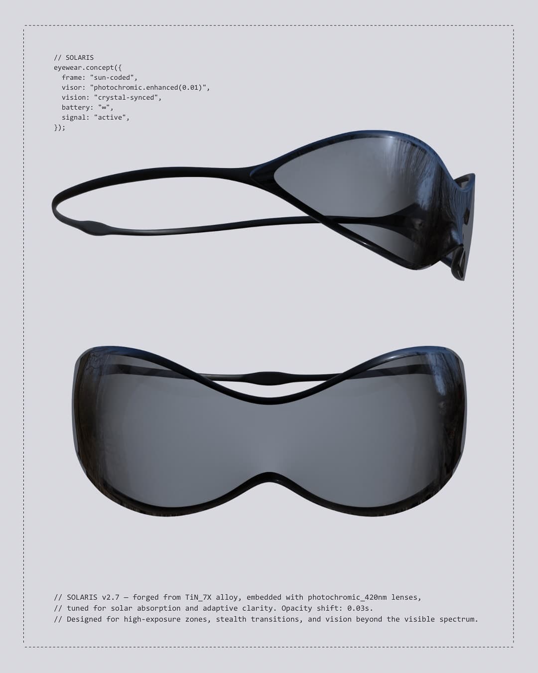 SOLARIS concept board — black mask-lens eyewear with looped band temple
