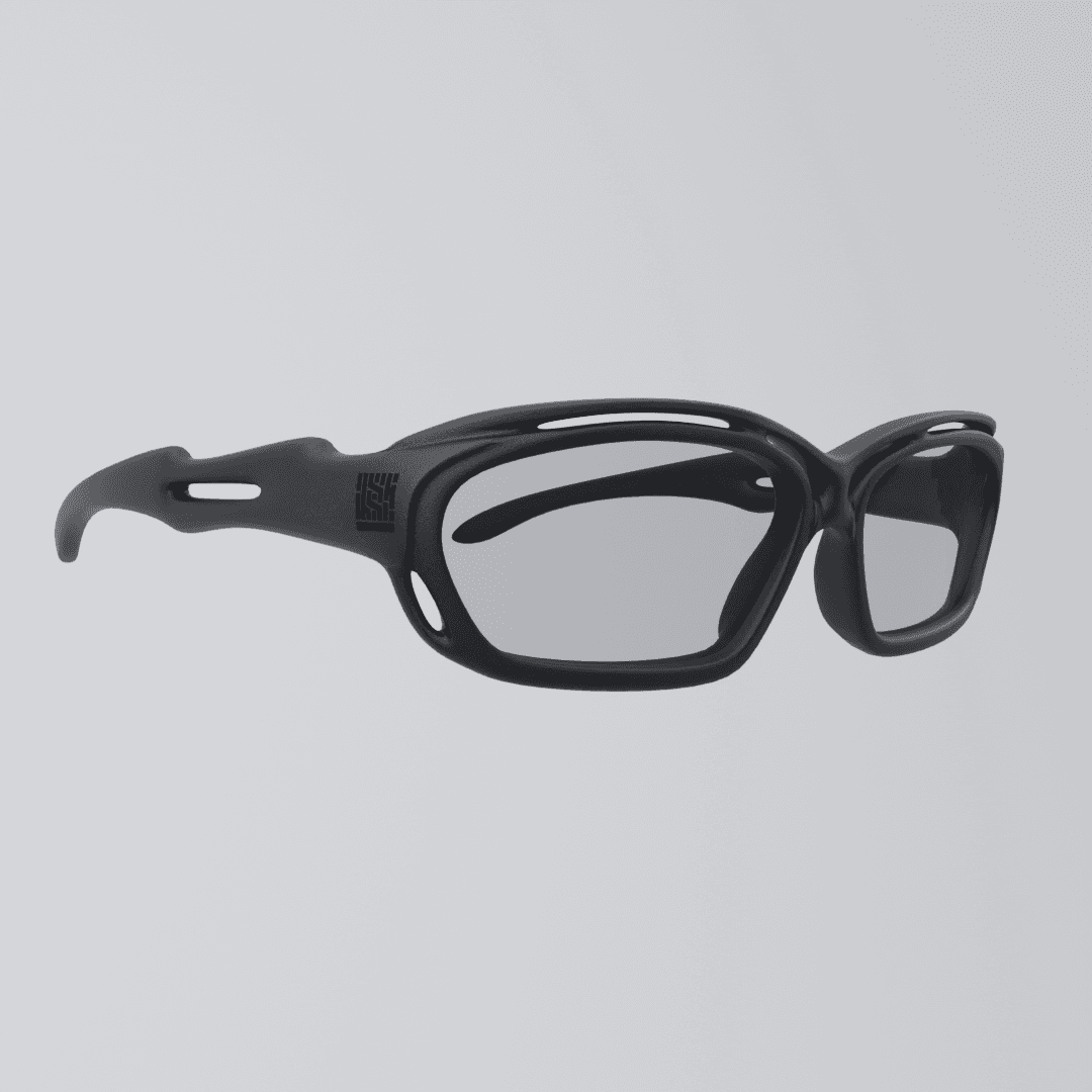 The Syntilay sport wrap frame at three-quarter angle on a pale ground