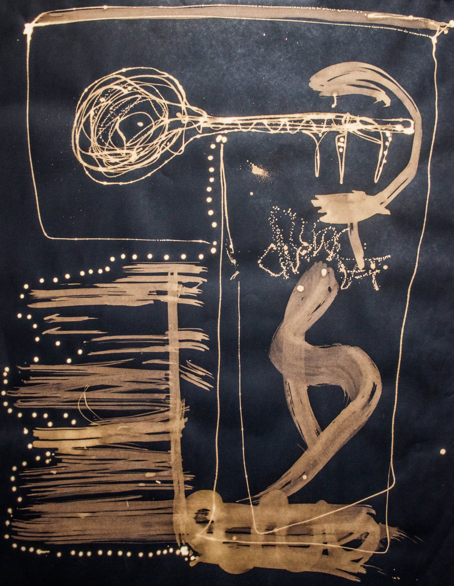 A dark blue-black sheet with a bleached border line, a tangled circular knot upper left, a hooked stroke upper right, and broad pale hatching filling the lower left.
