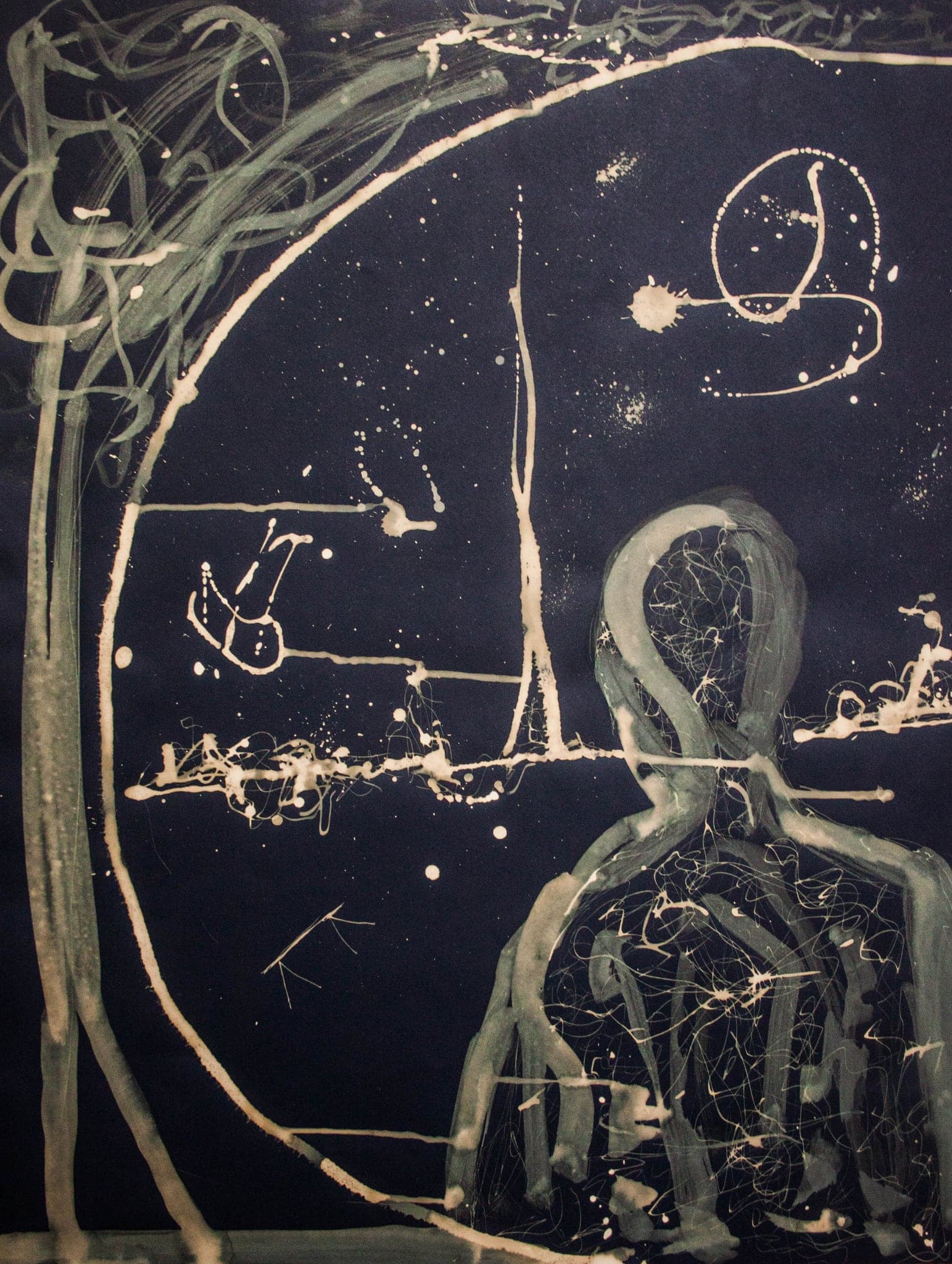 A tall figure at right built from pale strokes and fine scribble, a tree at left, a wide arc behind them and a loose loop and splash in the upper right sky.
