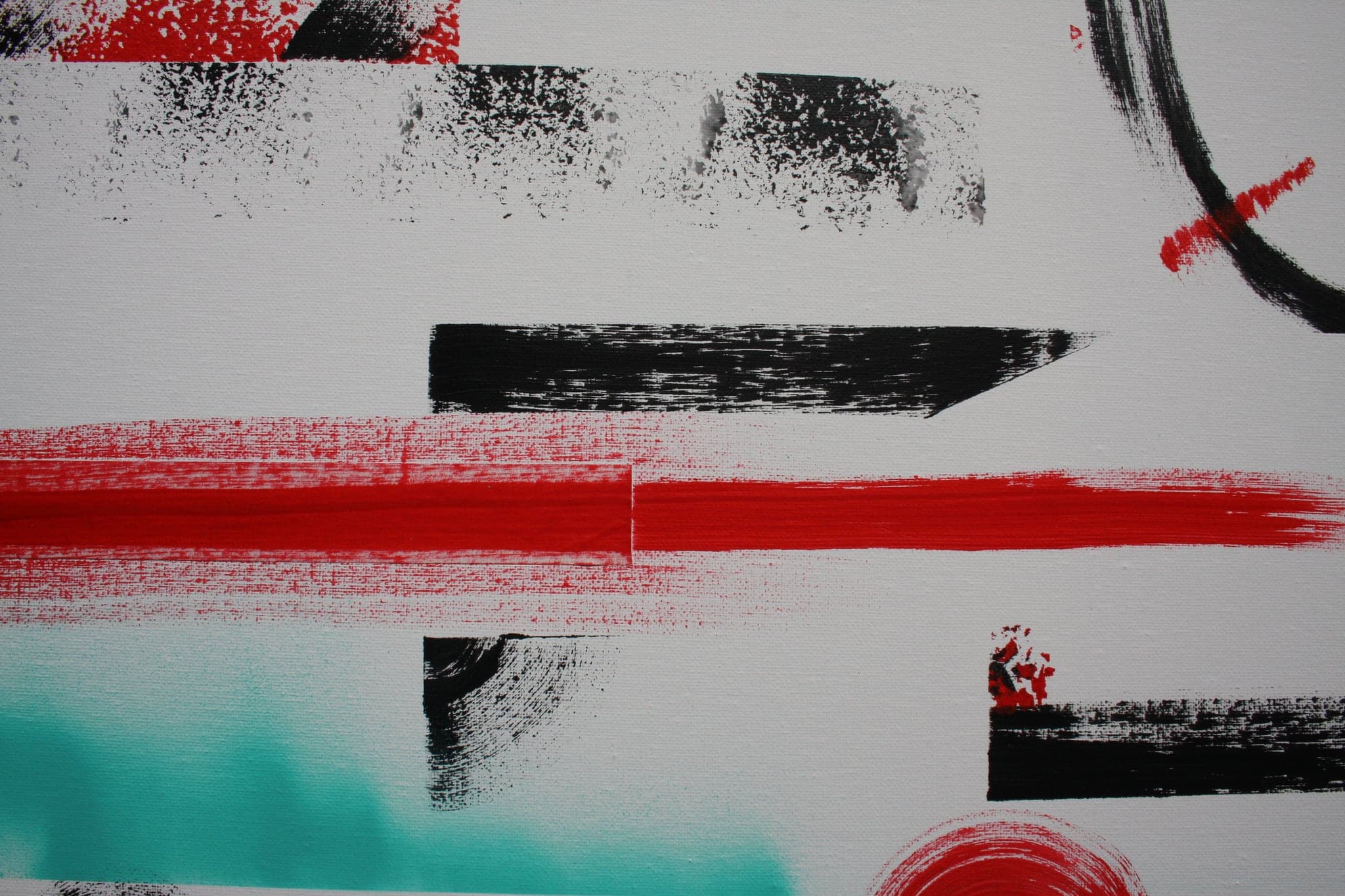 Close view: a long red bar meeting a black stroke, turquoise haze behind them.