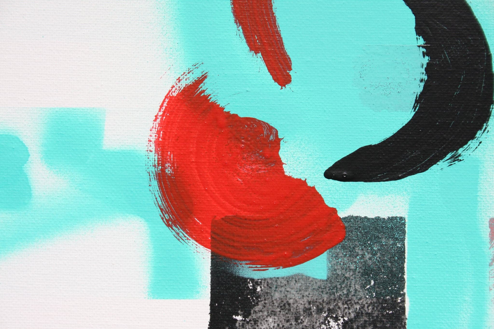 Close view: a broad red sweep, a black disc and a turquoise square overlapping.