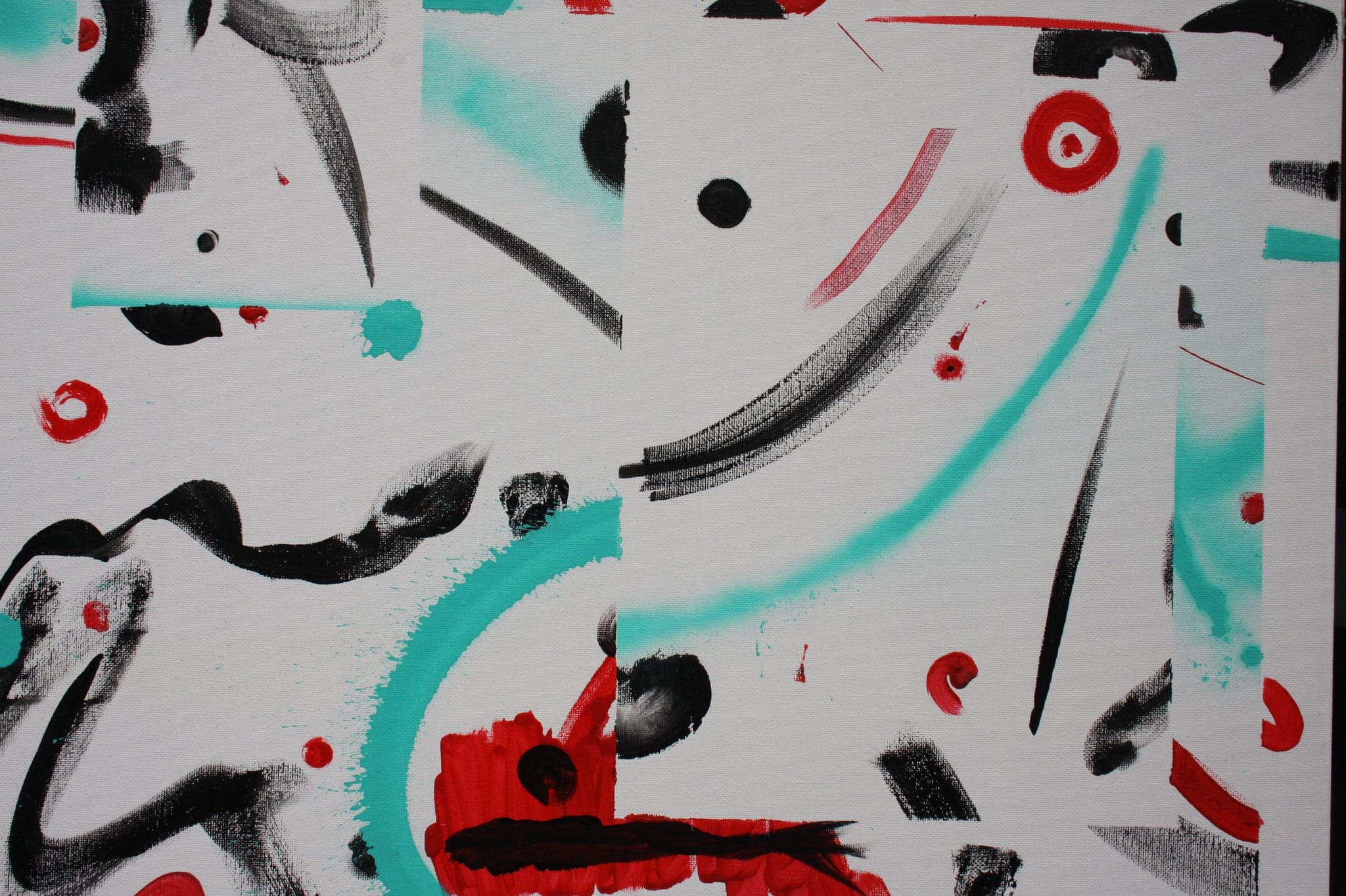 Close view: black and red strokes tangling, turquoise pushing through between them.