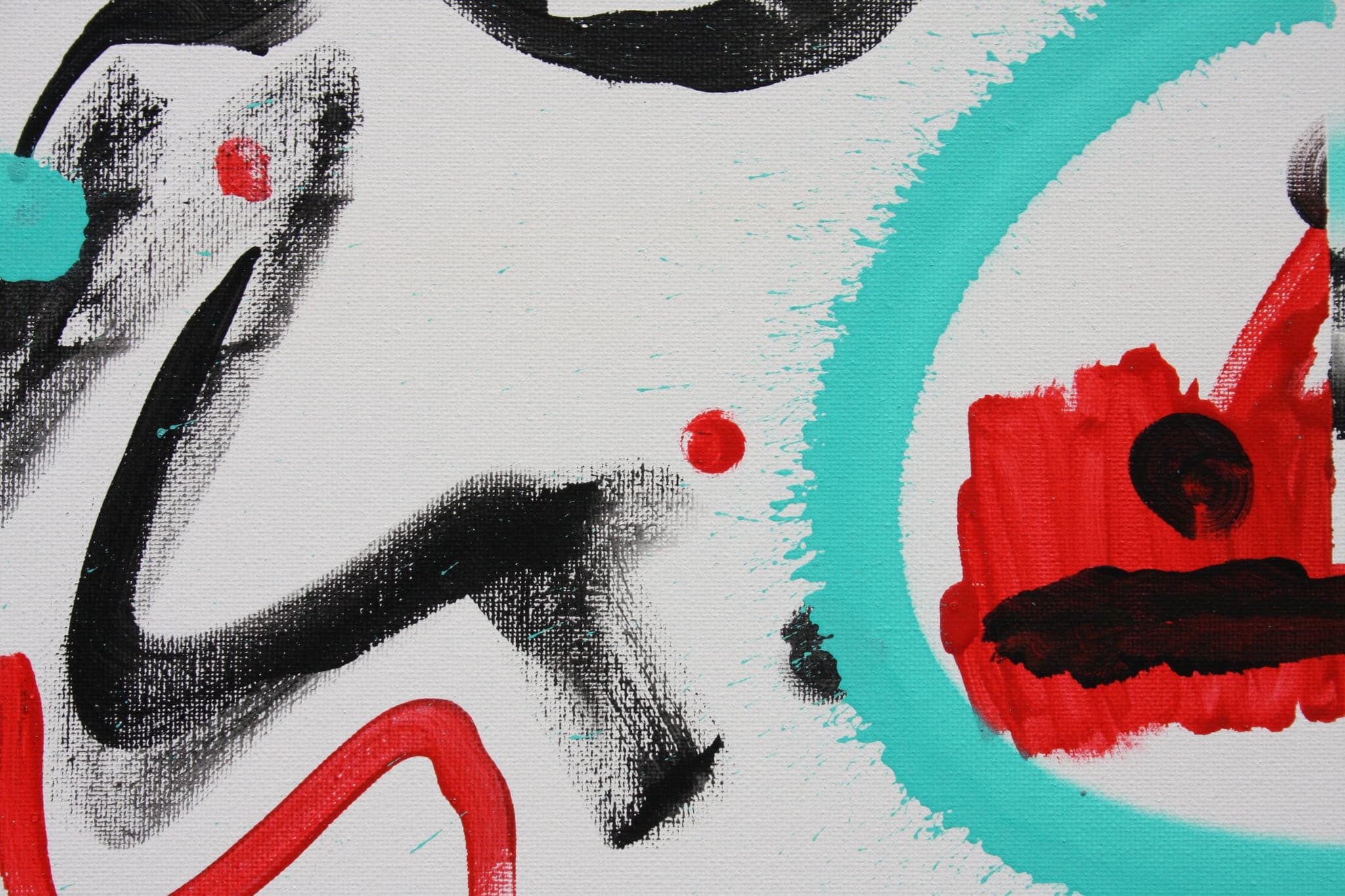 Close view: a turquoise arc behind a black curl, red spots scattered around.
