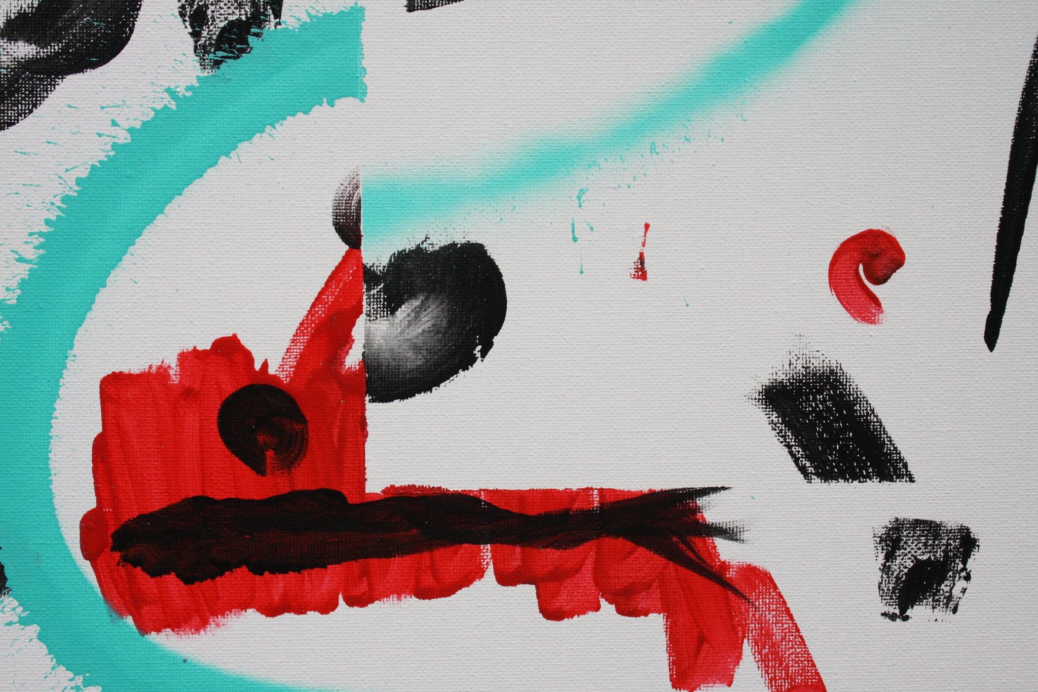 Close view: a heavy red form with black dragged over it and turquoise beneath.