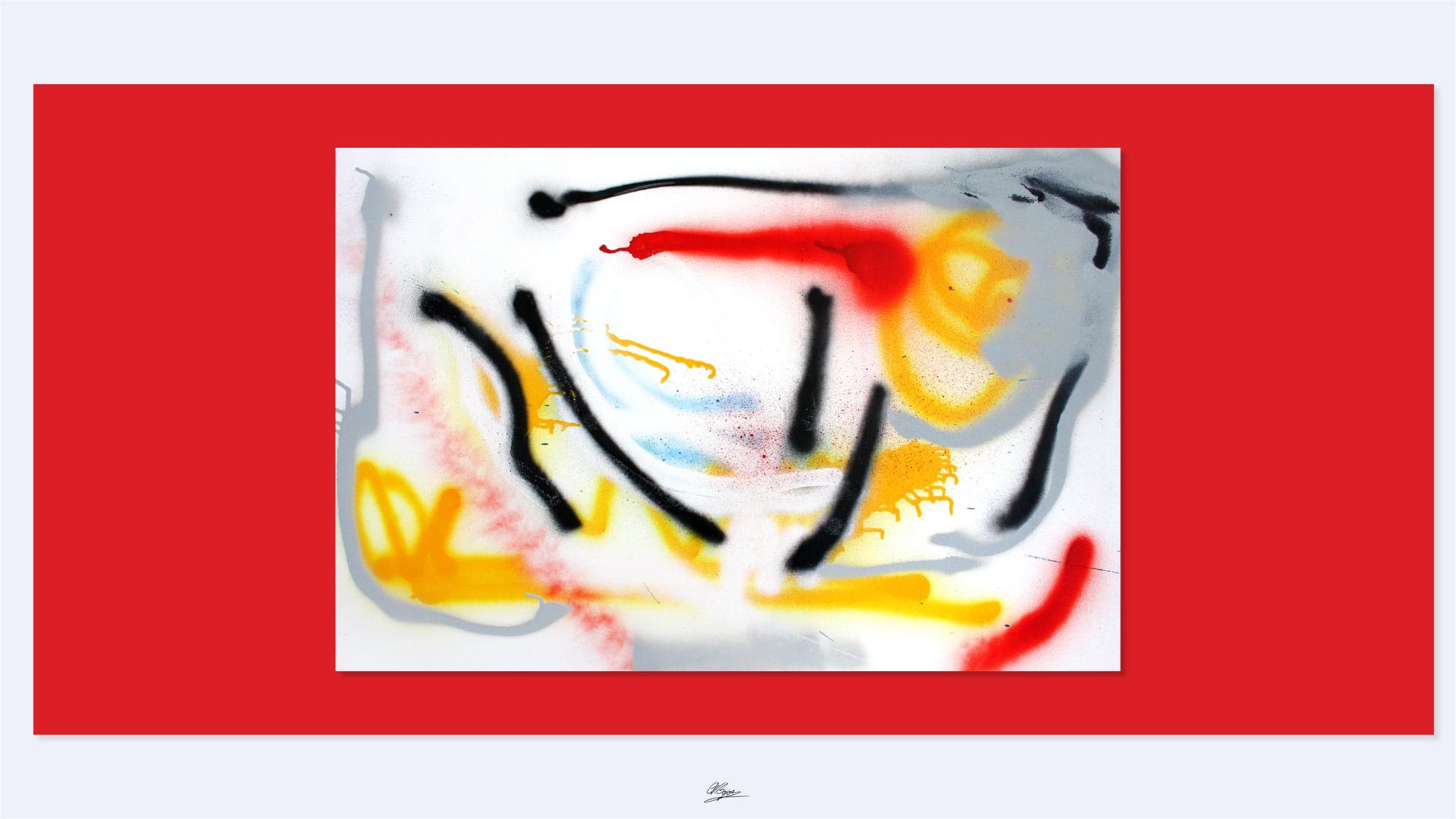 A landscape canvas of black, red and yellow spray strokes on white, floated centred on a flat red field.