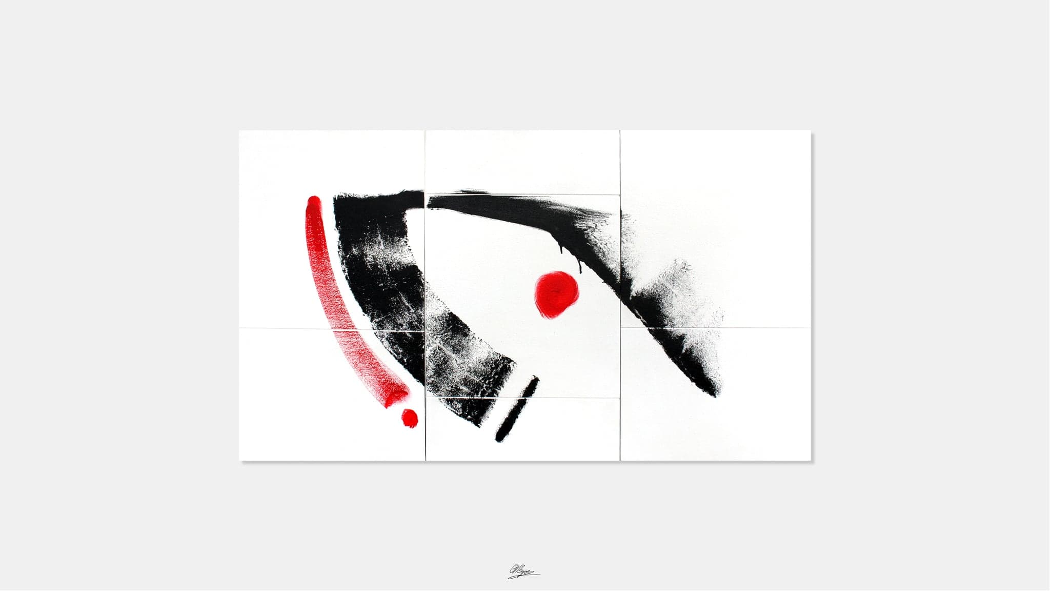 Six white panels butted into one wide rectangle, crossed by a broad black brushstroke, a red curved line and two red dots.