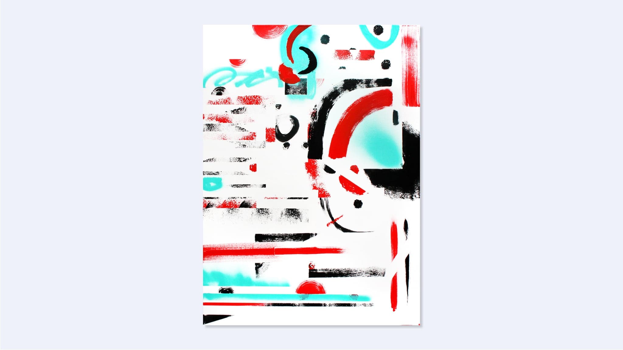 An upright canvas of dry-dragged black and red bars, turquoise spray and a thick red arc on white.