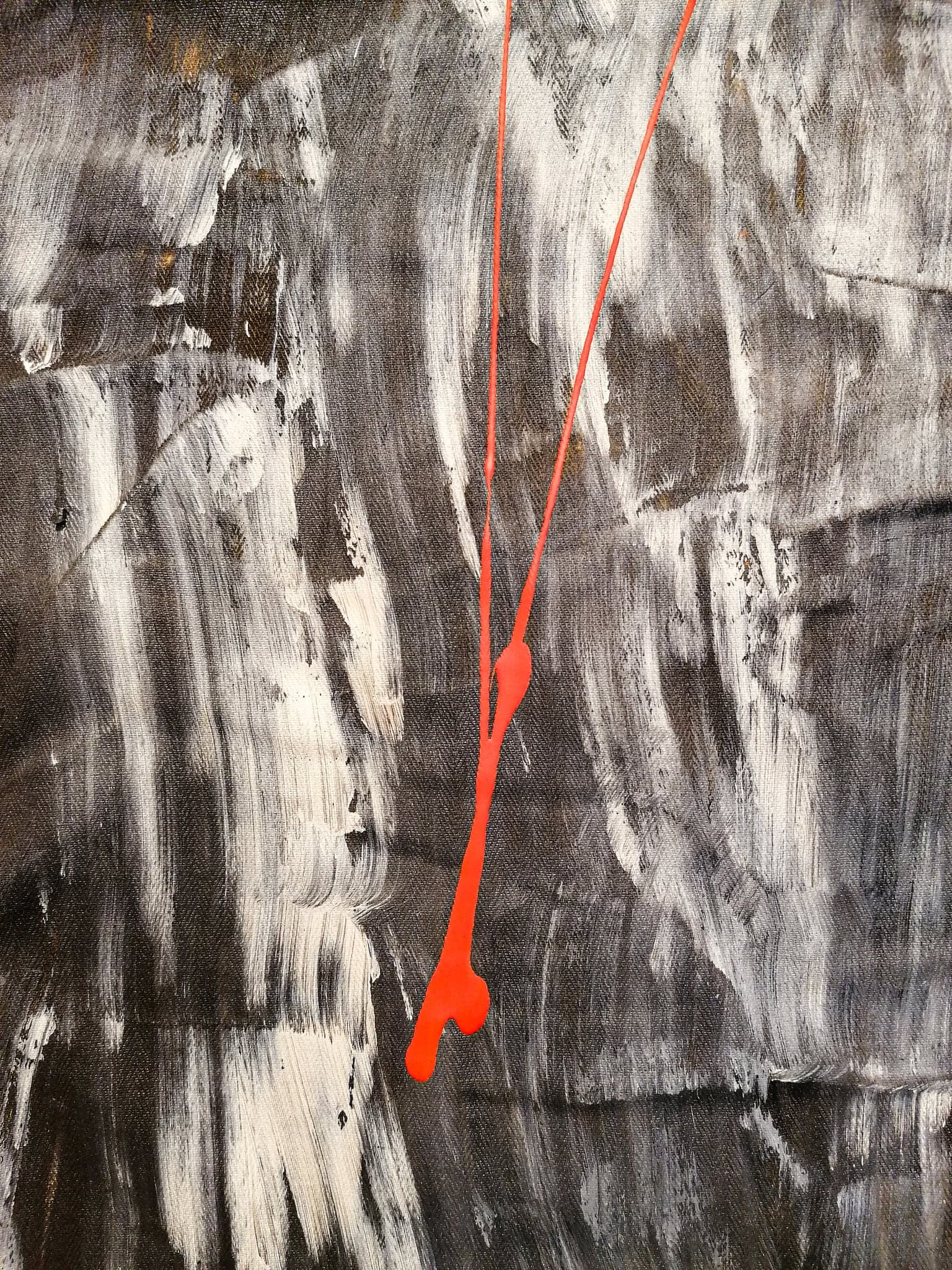 The painting the panels were cut from, black and white dragged across the canvas with one red line down it