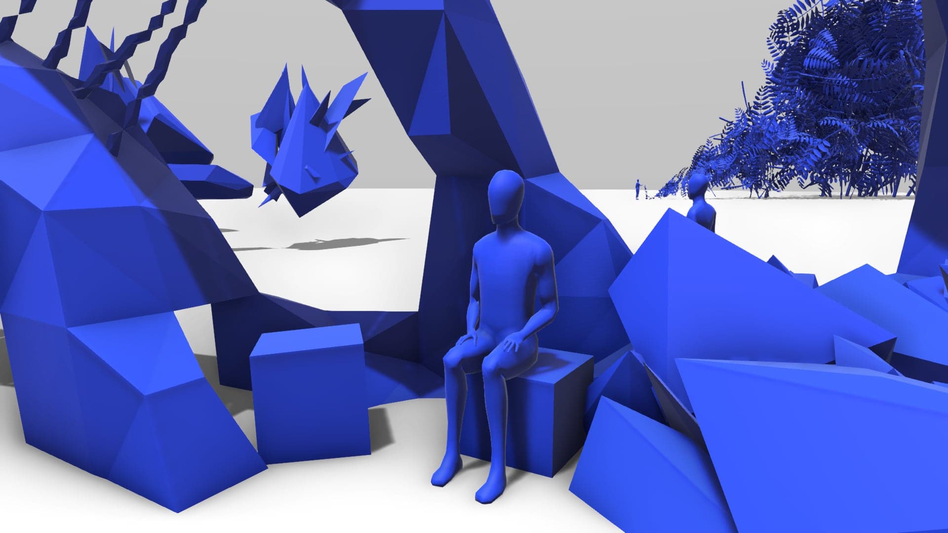 A blue figure sits on a low block among faceted blue rock forms on a white ground, with a spiked shape floating behind.