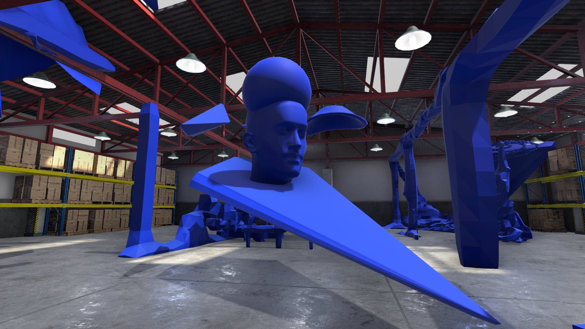 A giant blue head resting on the flat of a long tapered blade inside a warehouse with red steel trusses.