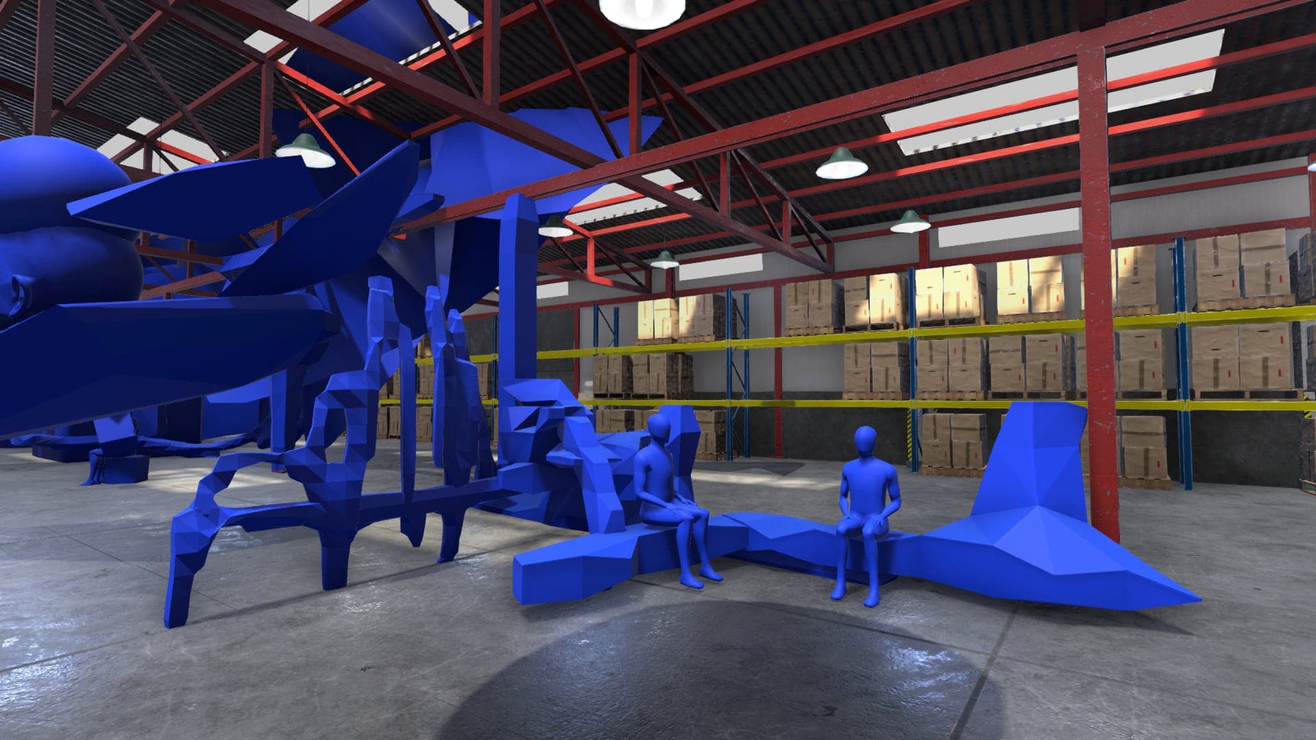 Wide view of a warehouse filled with blue faceted sculptures; two blue figures sit on a low landmass in the middle of the floor.