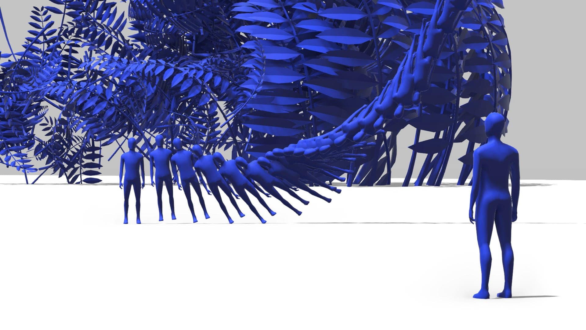 A row of identical blue figures tipping over one by one into a curve, watched by a single standing figure on a white ground.